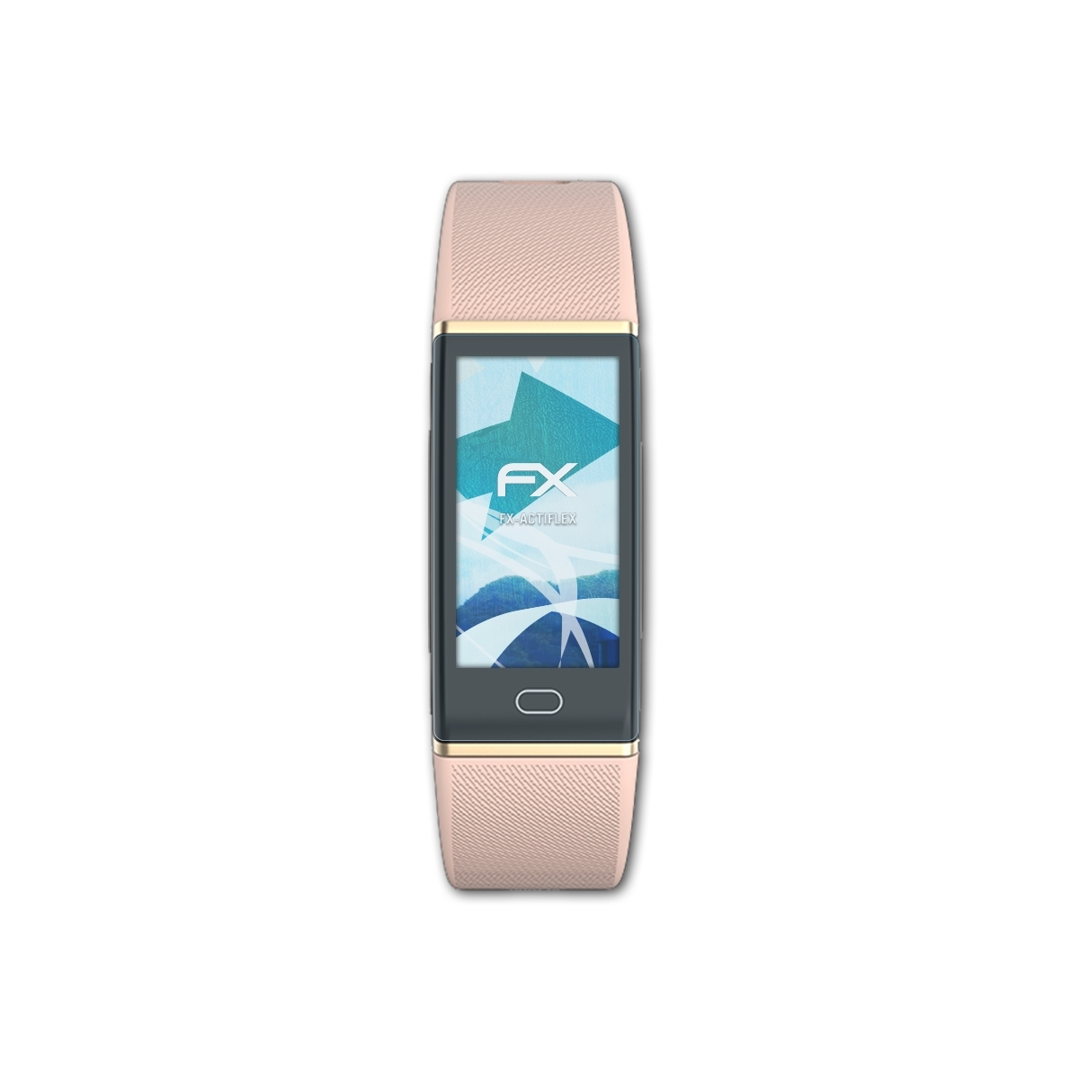 Fitness-Tracker mit Displayschutz. Bildschirm zeigt FX-Logo mit blau-weißer Grafik.