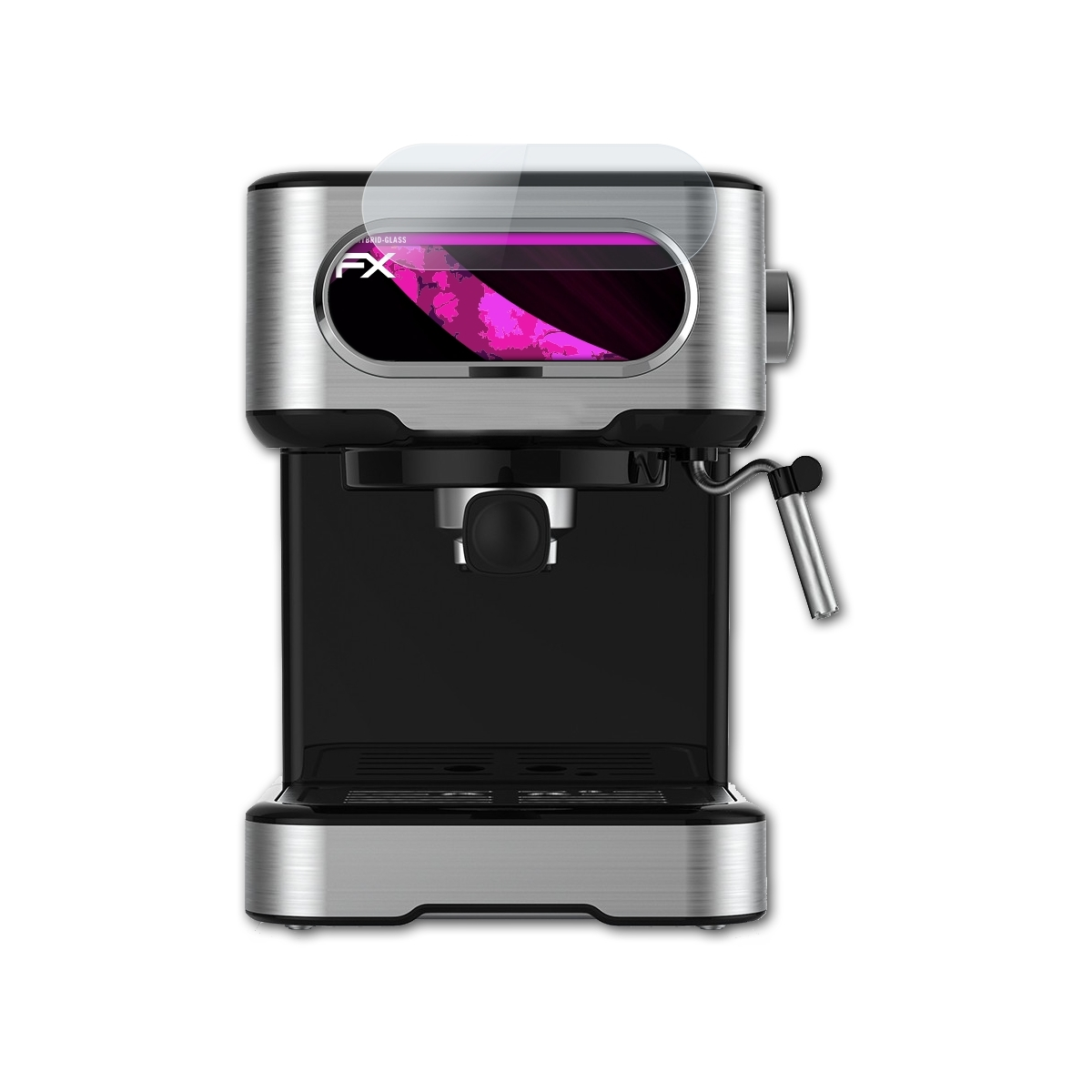 Eine silberne und schwarze Espressomaschine mit einem Displayschutz.
