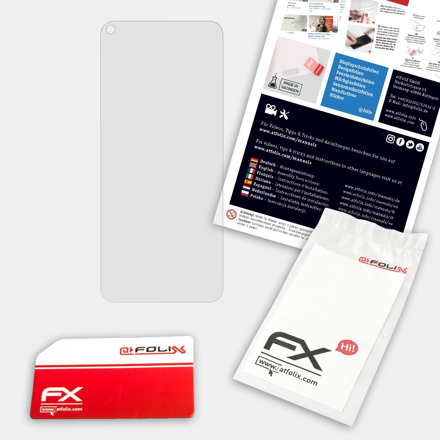 Displayschutzfolie, Reinigungstuch, Anweisungen und Verpackung. Ein Displayschutz-Kit.