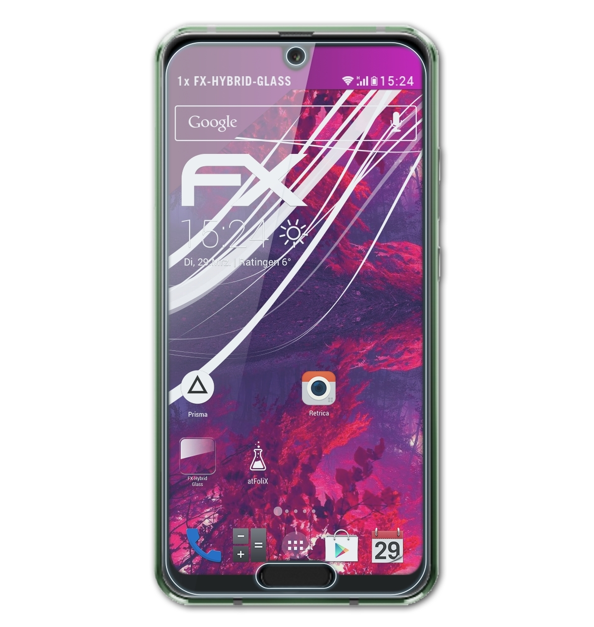 Smartphone mit Displayschutz. Anzeige zeigt Apps, Zeit und FX-Logo. Grüner Rahmen und lilafarbenes Design.