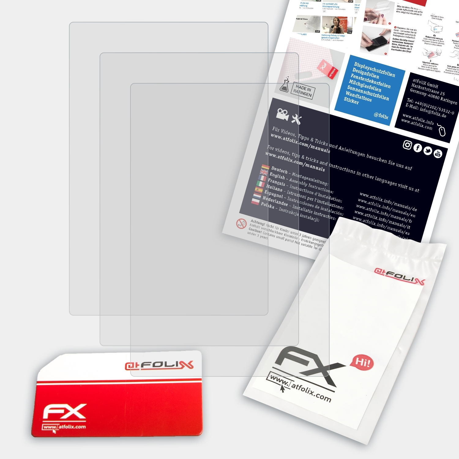 Bild zeigt Displayschutzfolien und Verpackung mit Branding und Anweisungen.