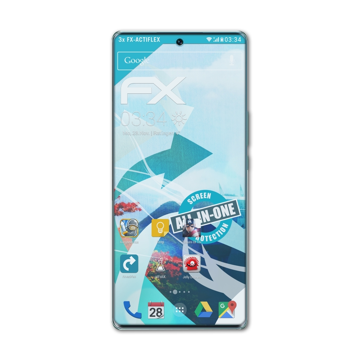Smartphone mit Displayschutz. Anzeige zeigt Apps und Datum. Weißer Hintergrund.