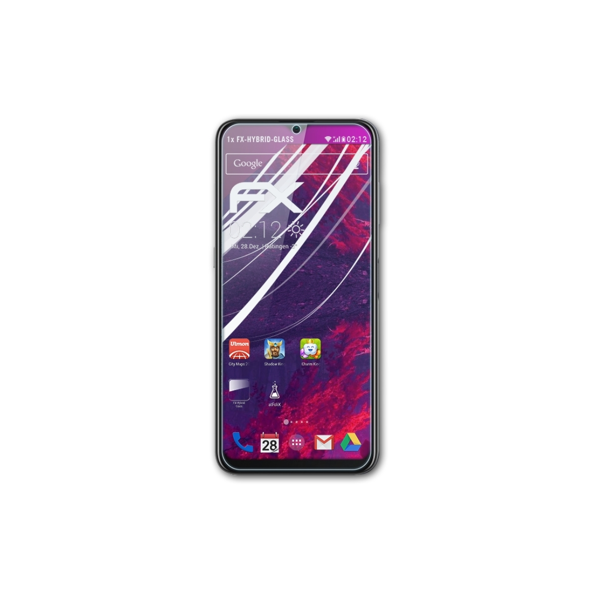 Schwarzes Smartphone mit Displayschutzfolie. Der Bildschirm zeigt eine Oberfläche mit Symbolen und einen lila Hintergrund.