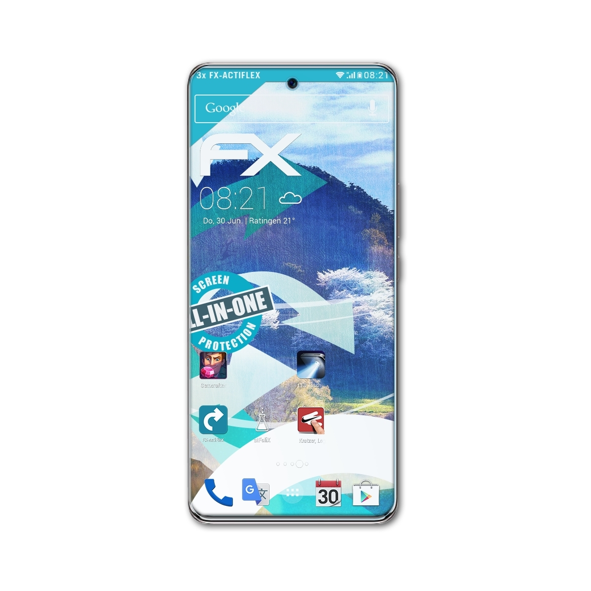 Smartphone mit Displayschutzfolie. Der Bildschirm zeigt Uhrzeit, Wetter und App-Symbole.