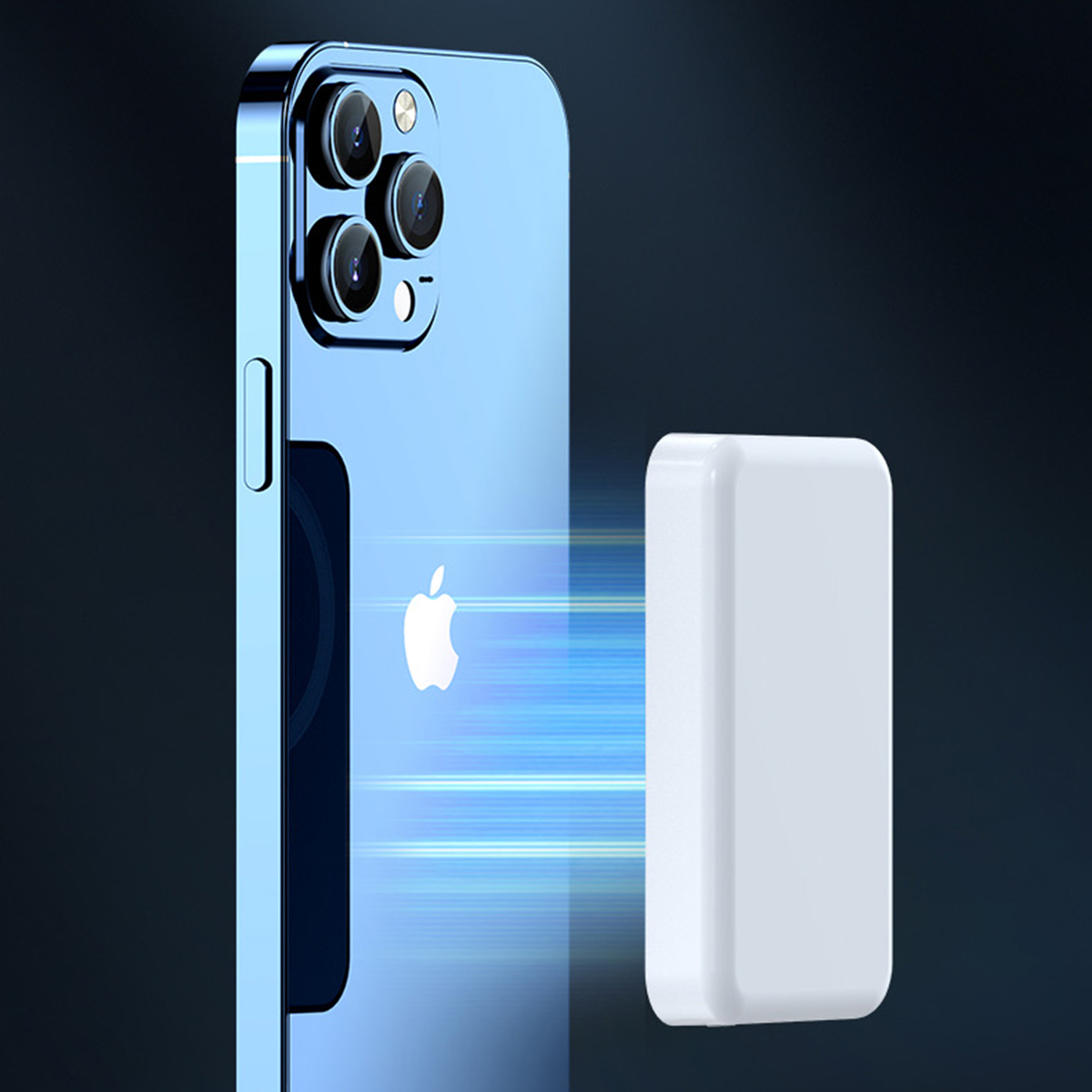 Un iPhone azul con un módulo de carga blanco adjunto, contra un fondo azul oscuro.