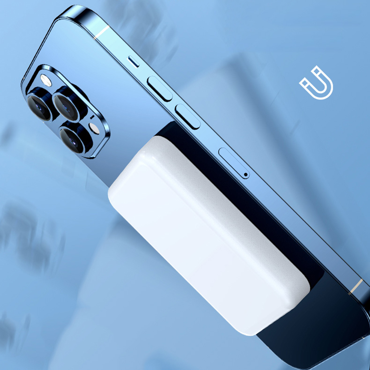 Smartphone azul con un cargador magnético blanco adjunto, sobre un fondo azul.