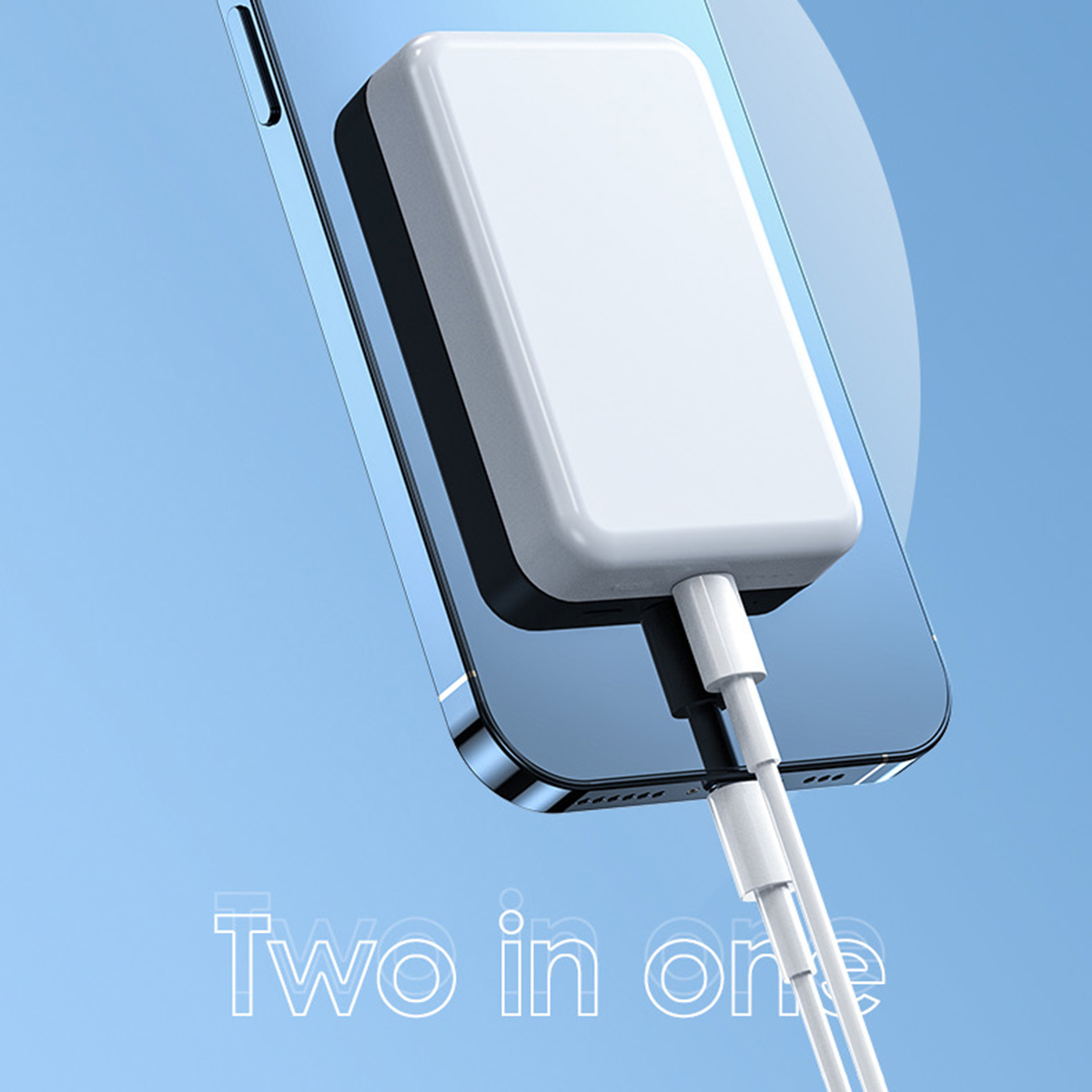 Cargador blanco enchufado a un teléfono, con el texto "Two in one" sobre fondo azul.