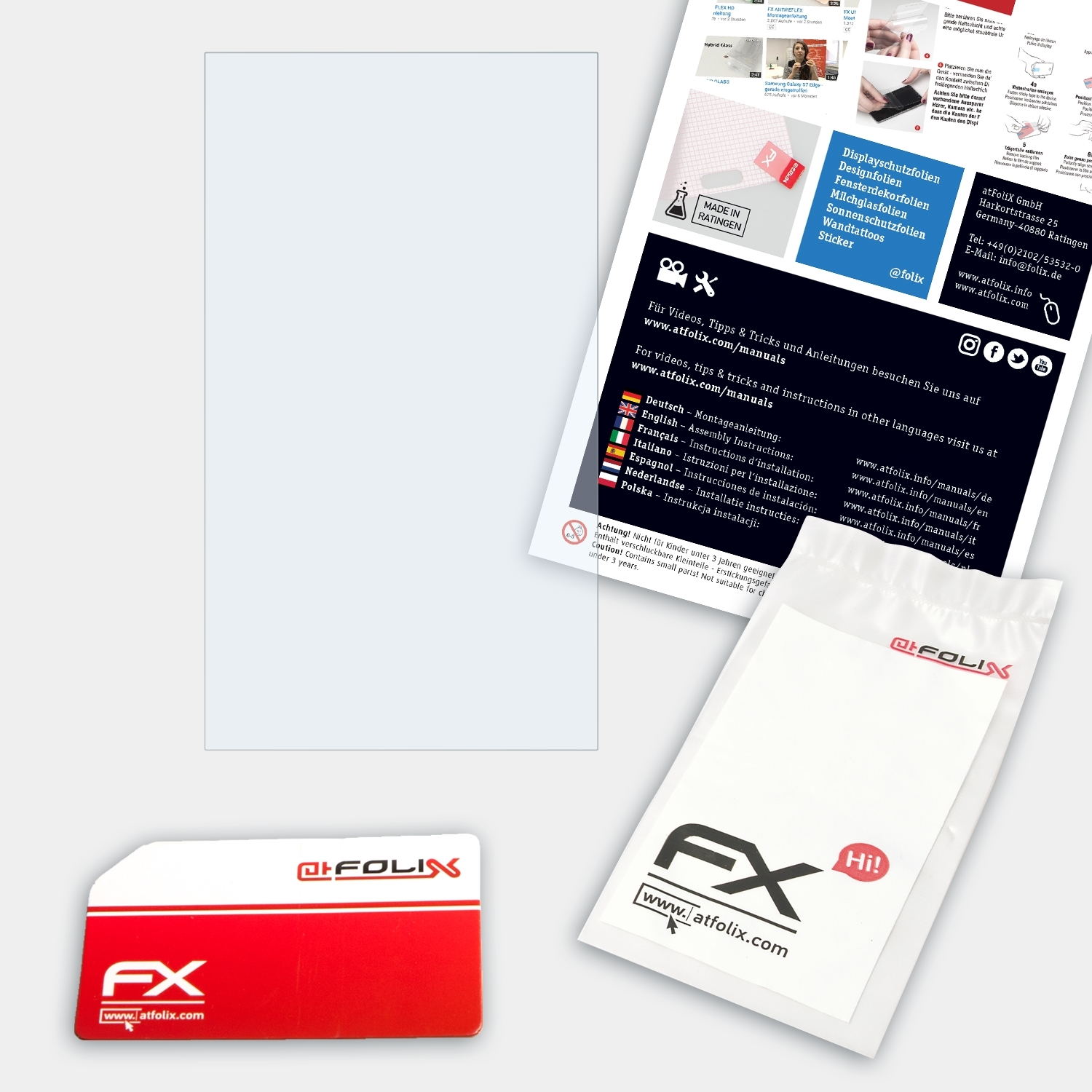 Ein klarer Displayschutz im Vordergrund, mit Informationsverpackung im Hintergrund.