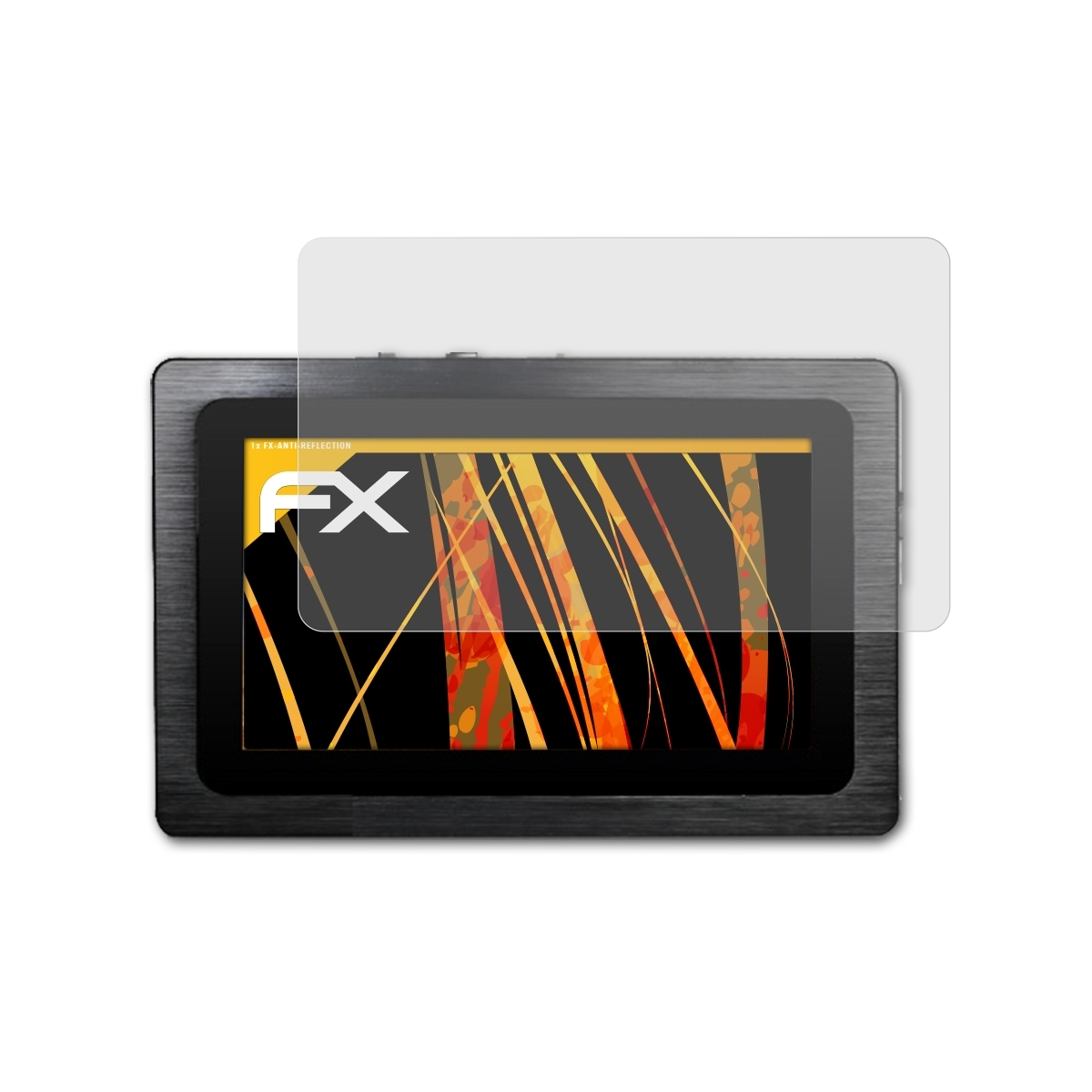 Tablet mit Displayschutzfolie. Der Bildschirm zeigt abstrakte Linien in Schwarz und Orange.
