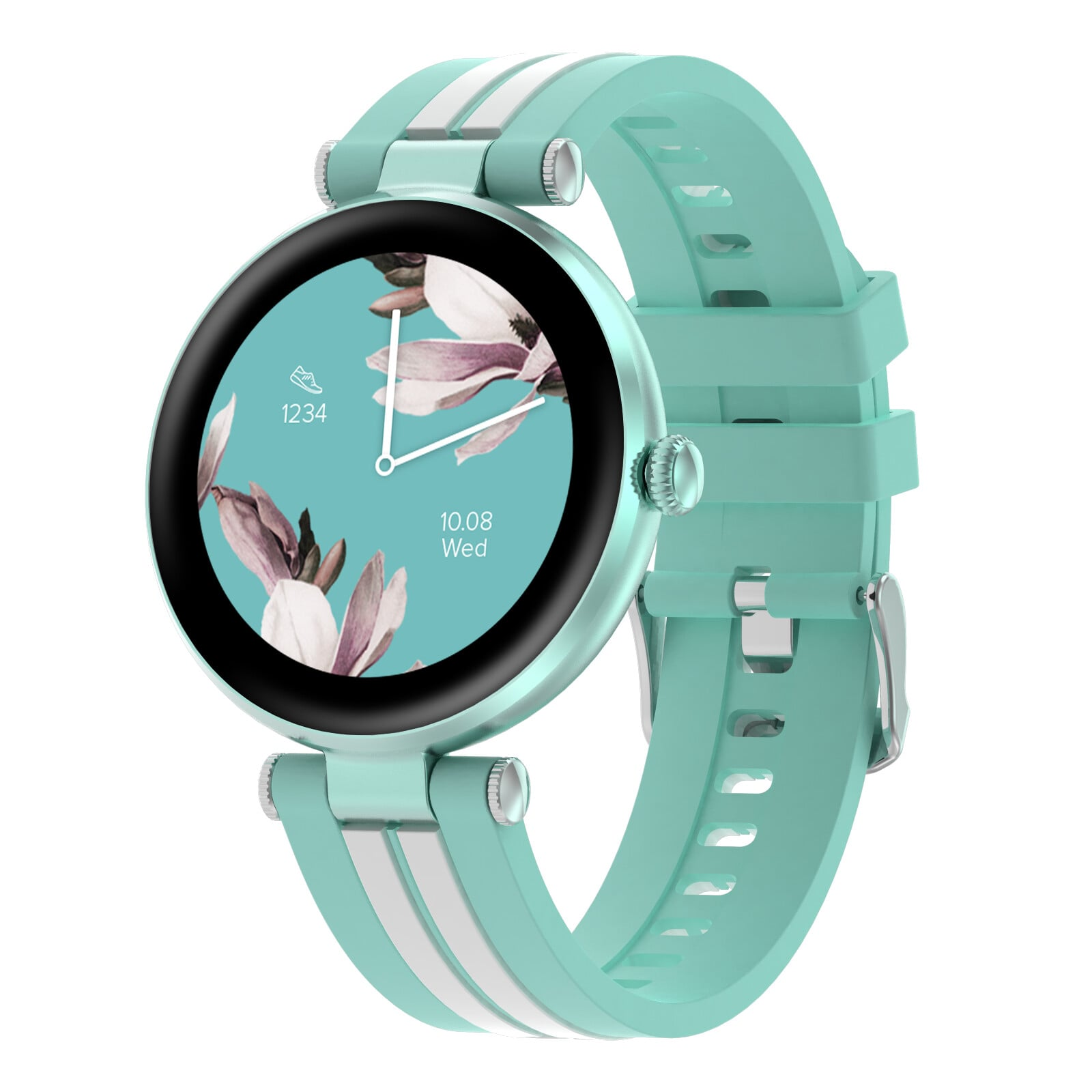 Miętowy smartwatch z kwiatowym ekranem. Pasek jest miętowy i biały, ma srebrną ramkę.