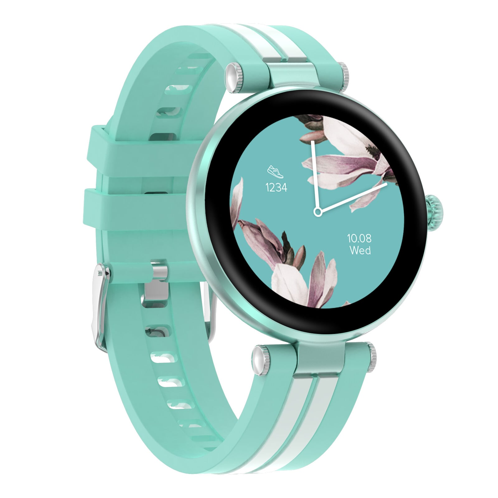 Smartwatch z jasnozielonym paskiem, okrągłym ekranem i kwiatowym wzorem.