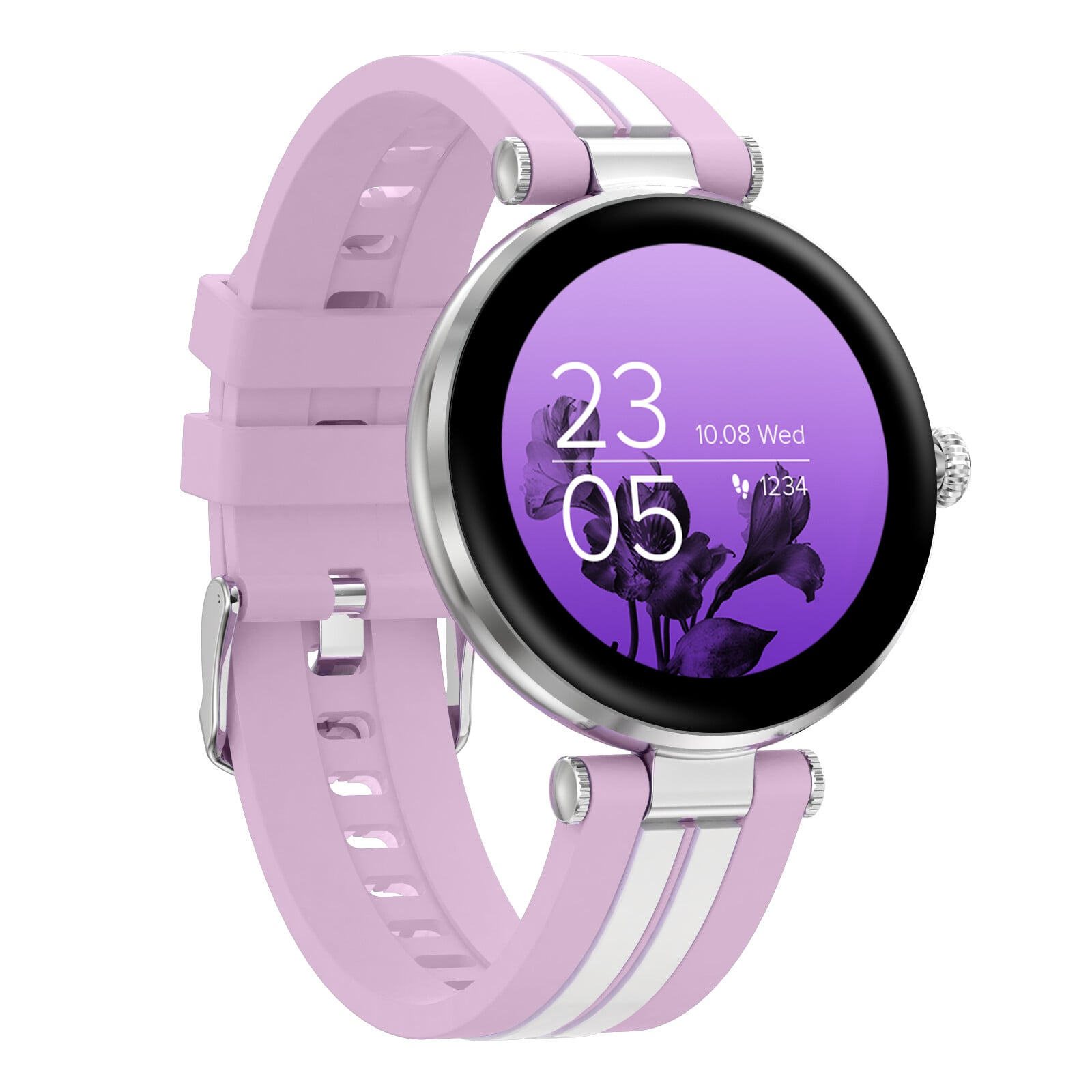 Smartwatch z lawendowym paskiem i okrągłym ekranem wyświetlającym datę i godzinę.