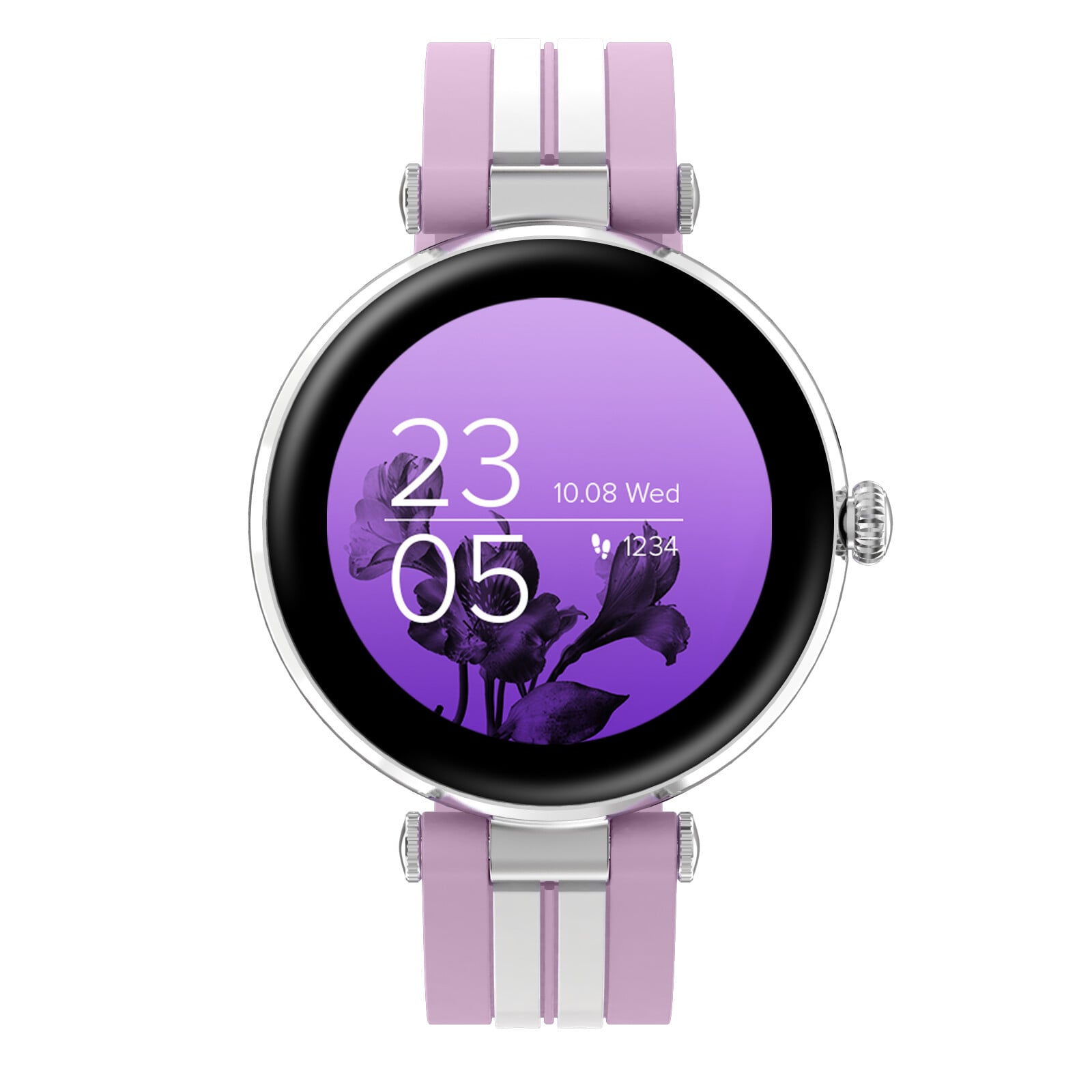 Smartwatch z fioletowym wyświetlaczem pokazującym godzinę i datę. Różowe i białe paski.