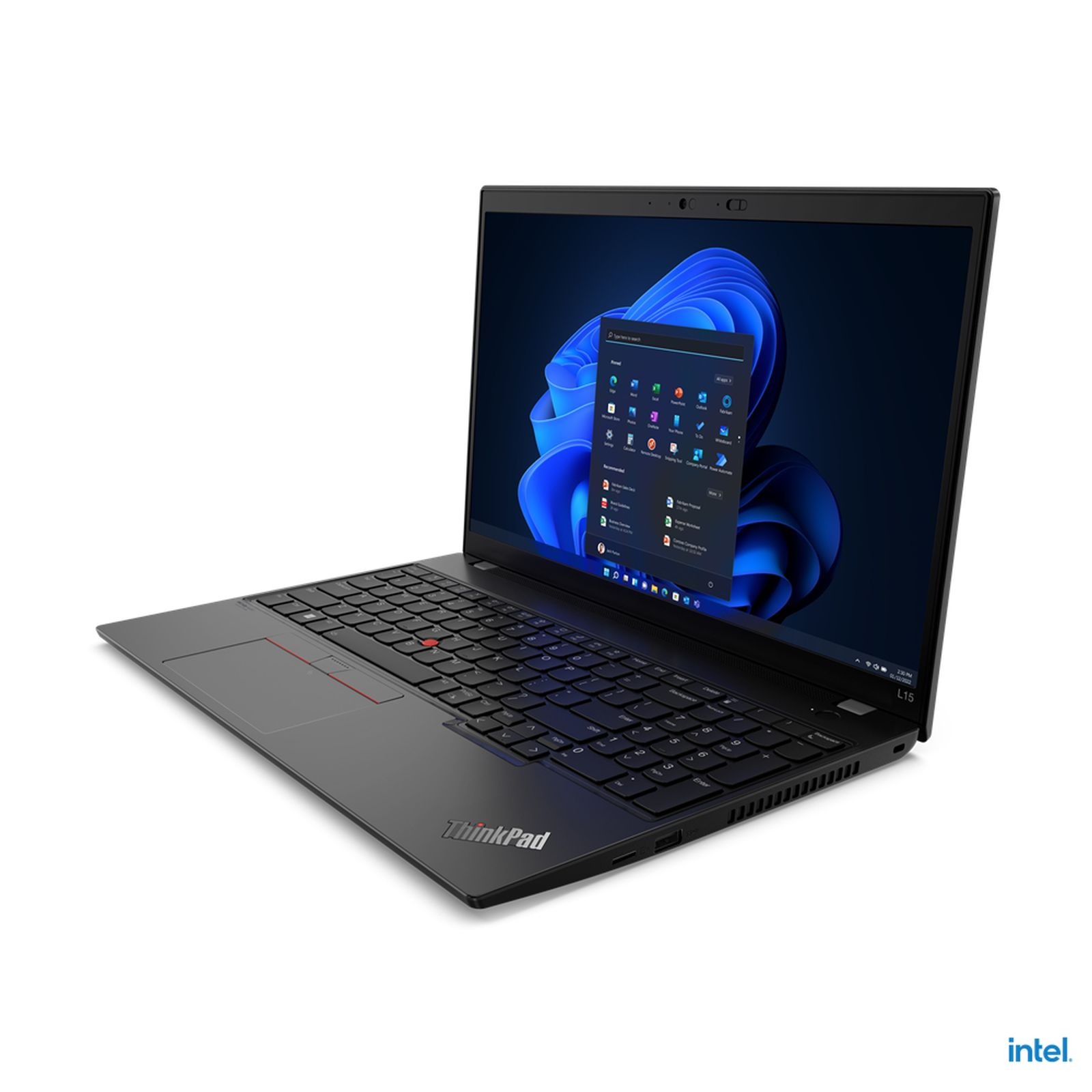 Czarny laptop z otwartym ekranem wyświetlającym interfejs Windows.