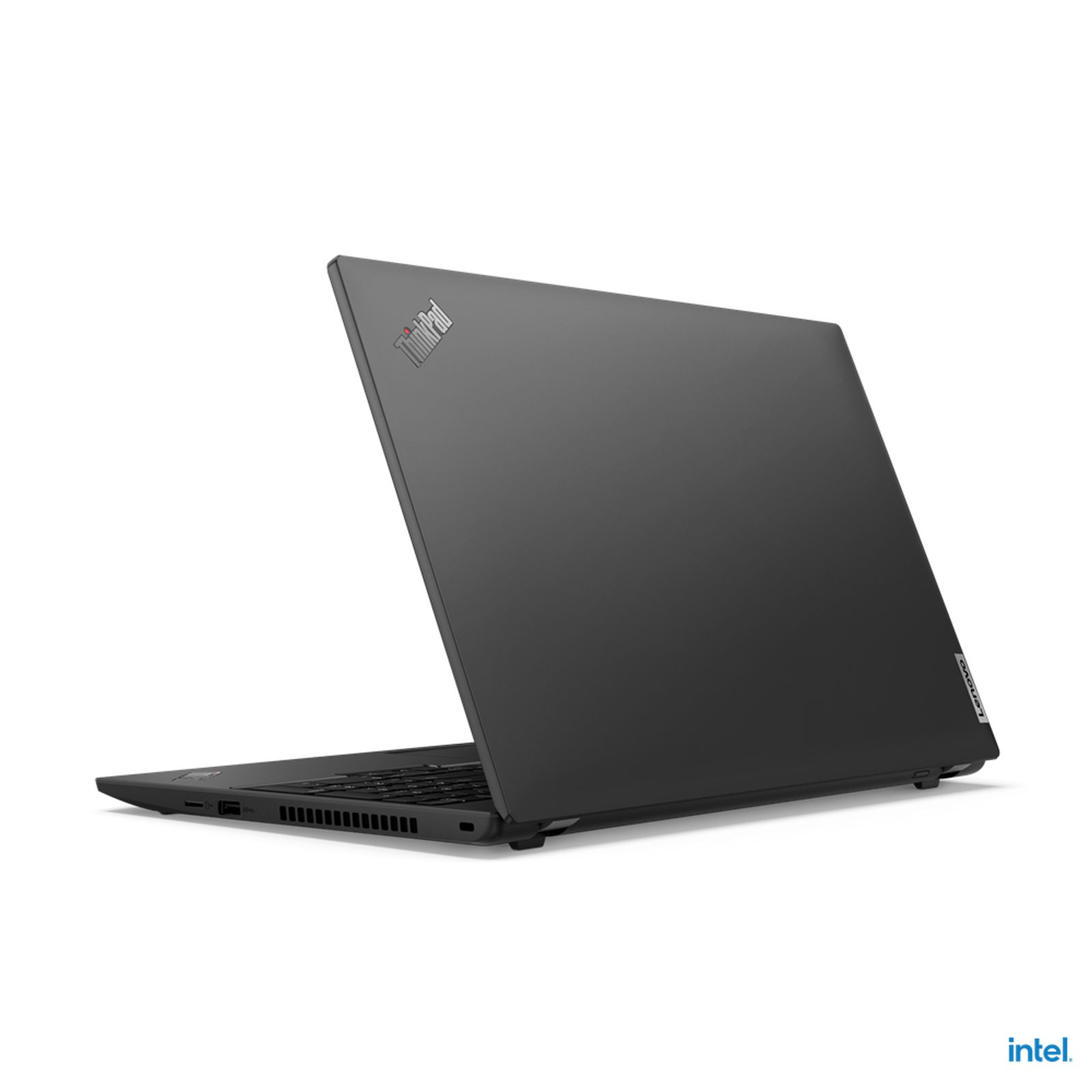 Czarny laptop, lekko otwarty, pochylony w lewo, z widocznym logo 'ThinkPad'.
