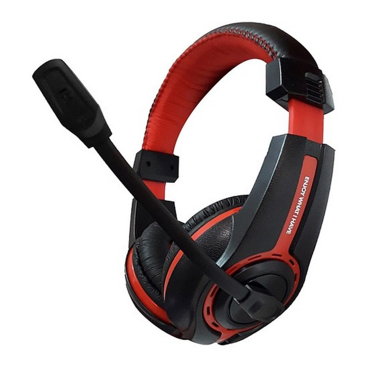 Auriculares para juegos negros y rojos con micrófono. Presenta el texto "ENJOY WHAT I HAVE".