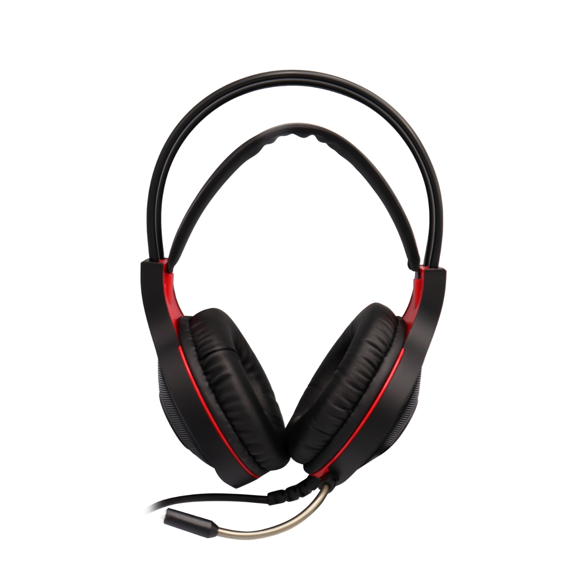 Auriculares negros y rojos con micrófono. Fondo blanco.