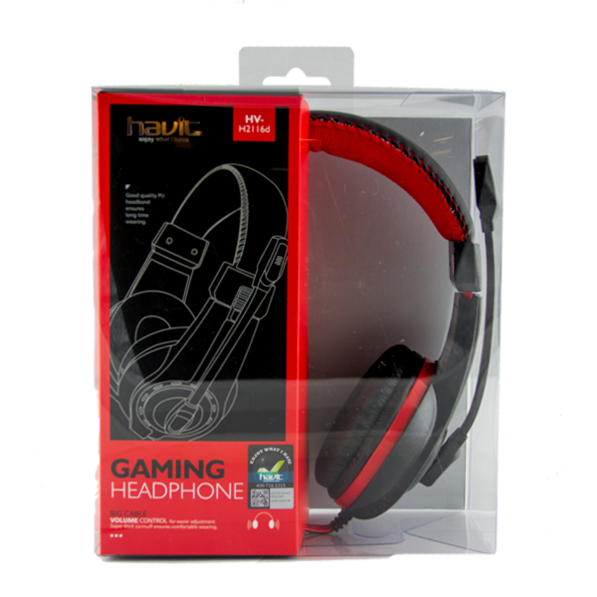 Auriculares gaming en una caja de plástico transparente con detalles rojos y negros. La marca es Havit.