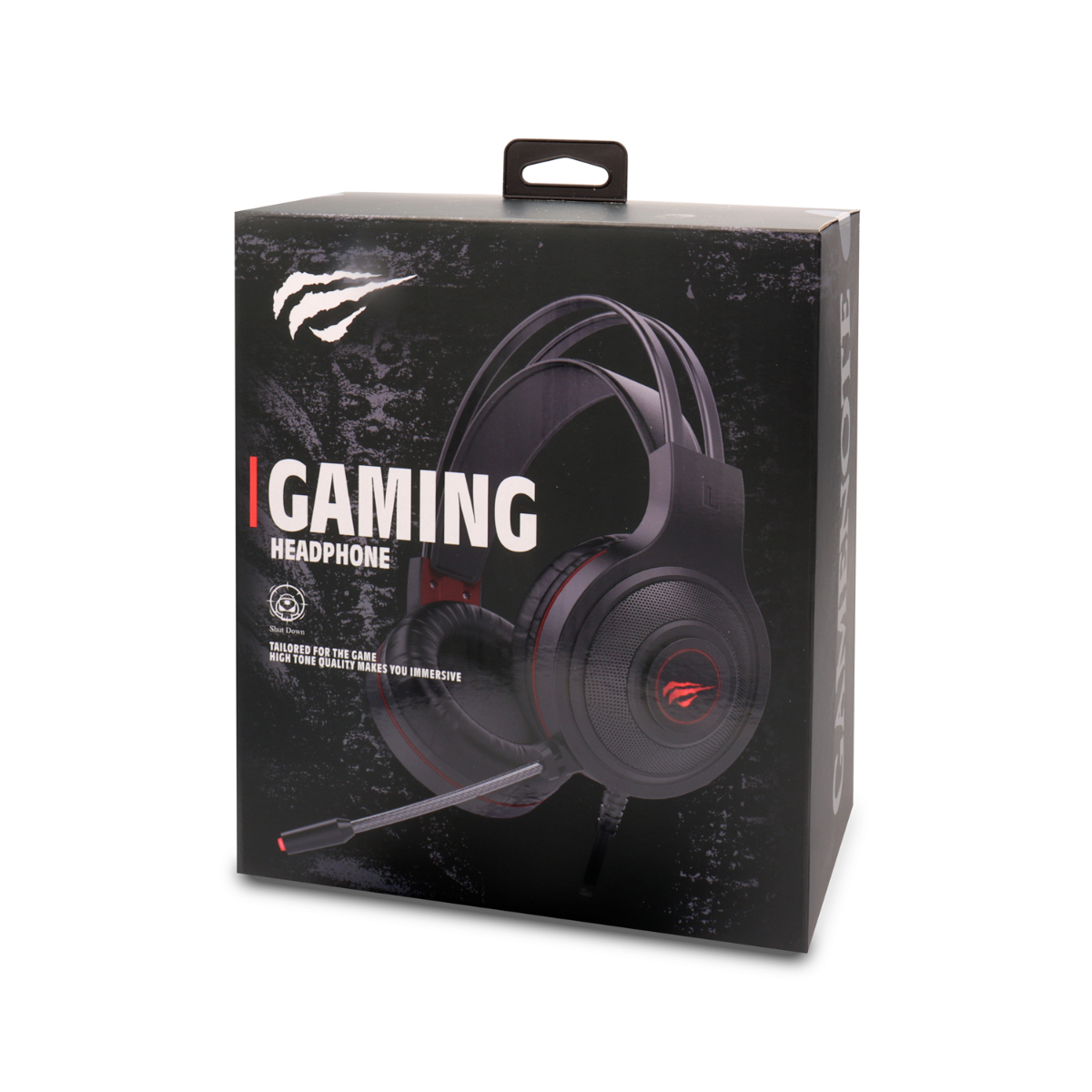 Auriculares para juegos negros en una caja con la palabra 'GAMING' en el frente.