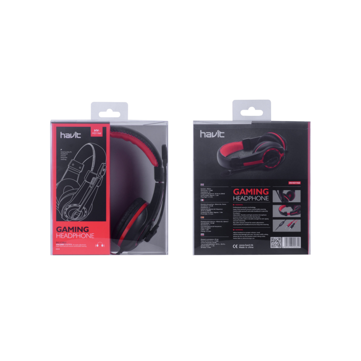Caja de auriculares para juegos. Vistas frontal y trasera. Diseño negro y rojo. Marca Havit.