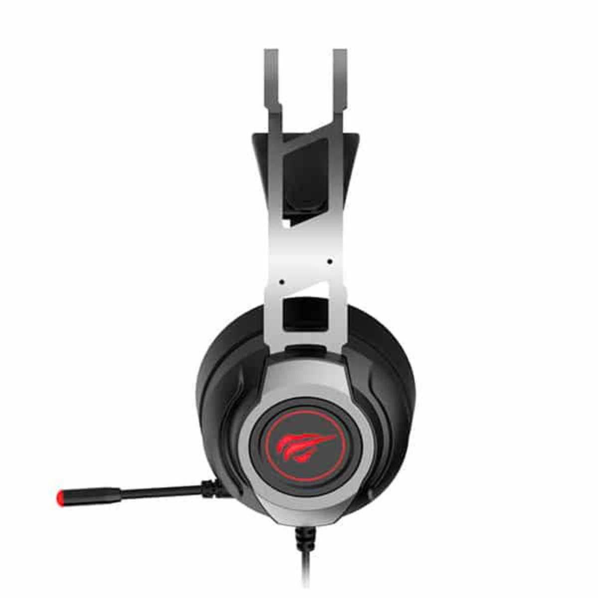 Czarne i srebrne słuchawki z czerwonym logo i mikrofonem.