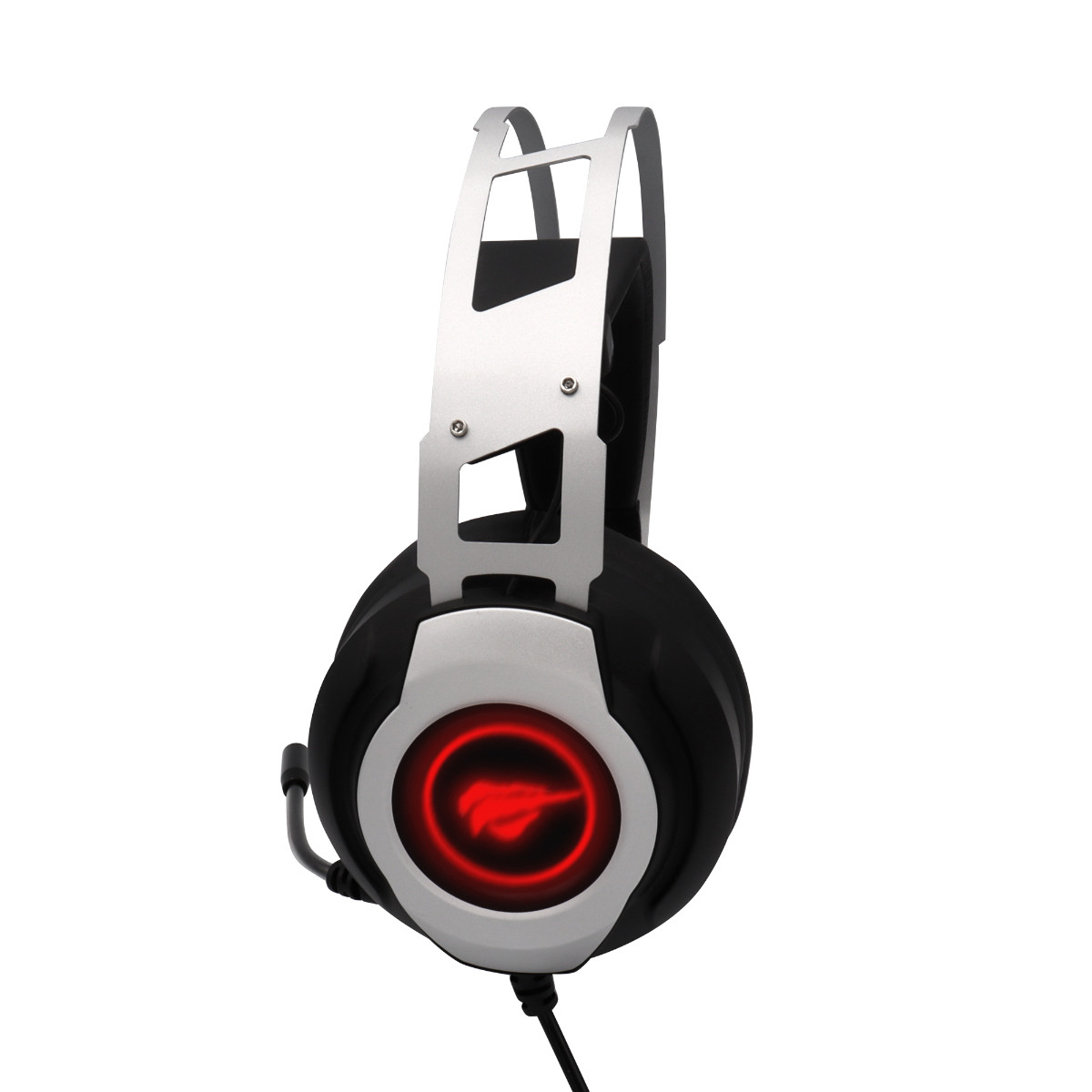 Zestaw słuchawkowy dla graczy ze srebrną ramą i czarnymi nausznikami, świecący czerwony okrąg.