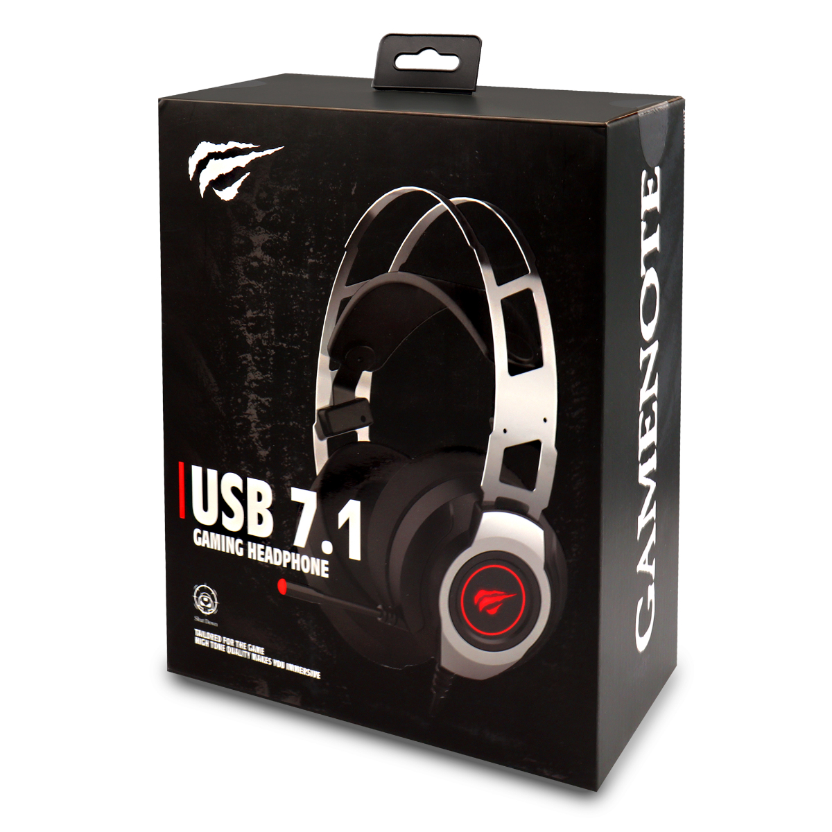 Czarne i białe pudełko słuchawek do gier z nazwą produktu.