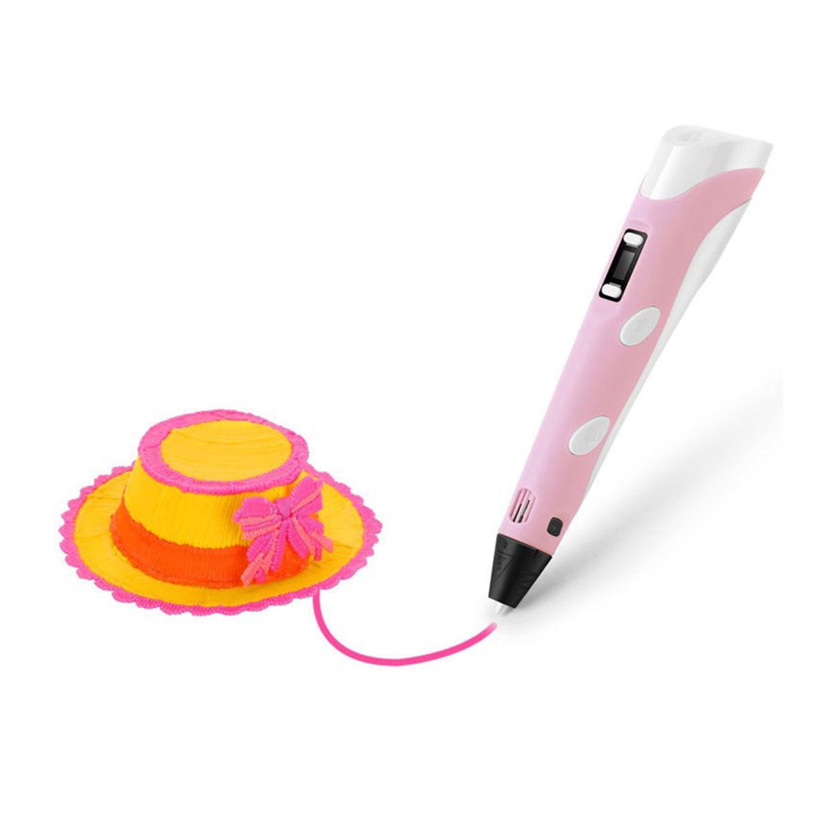 Bolígrafo 3D y un sombrero amarillo, naranja y rosa. Una línea rosa conecta el bolígrafo con el sombrero.