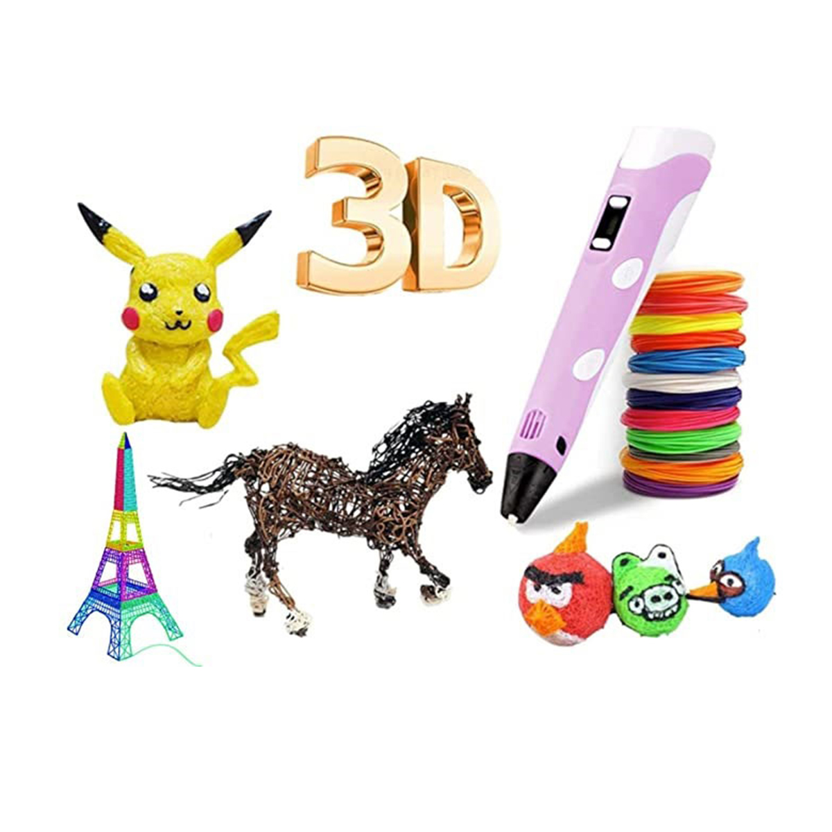 Bolígrafo 3D con modelos 3D y filamentos de colores. Torre Eiffel, Pikachu y Angry Birds.
