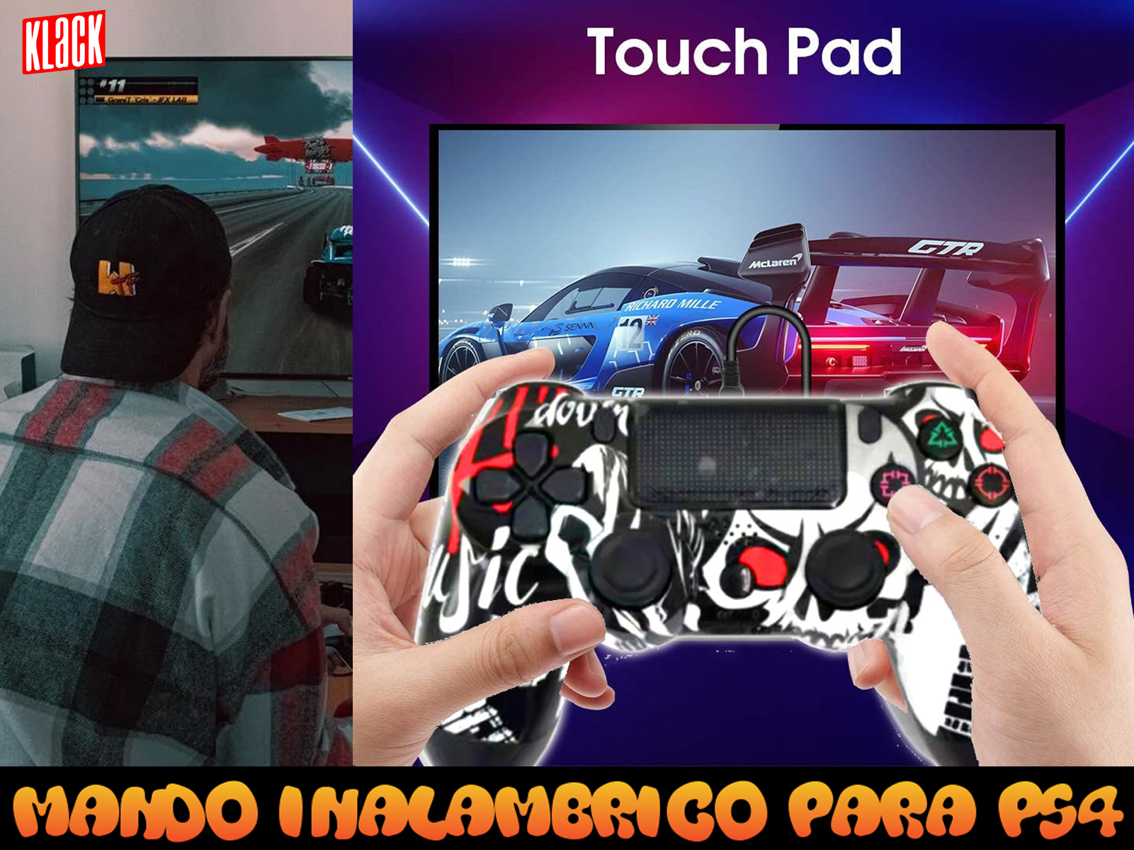 Persona usando un mando de juegos frente a un televisor, con un juego y la frase: Touch Pad.