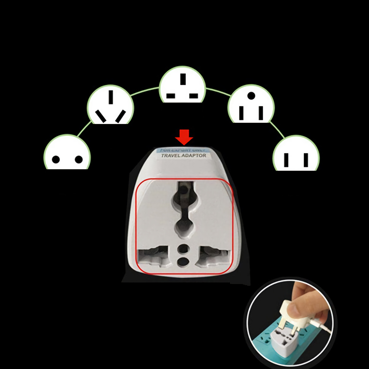 Adaptador de viaje blanco con diferentes tipos de enchufe para uso internacional.