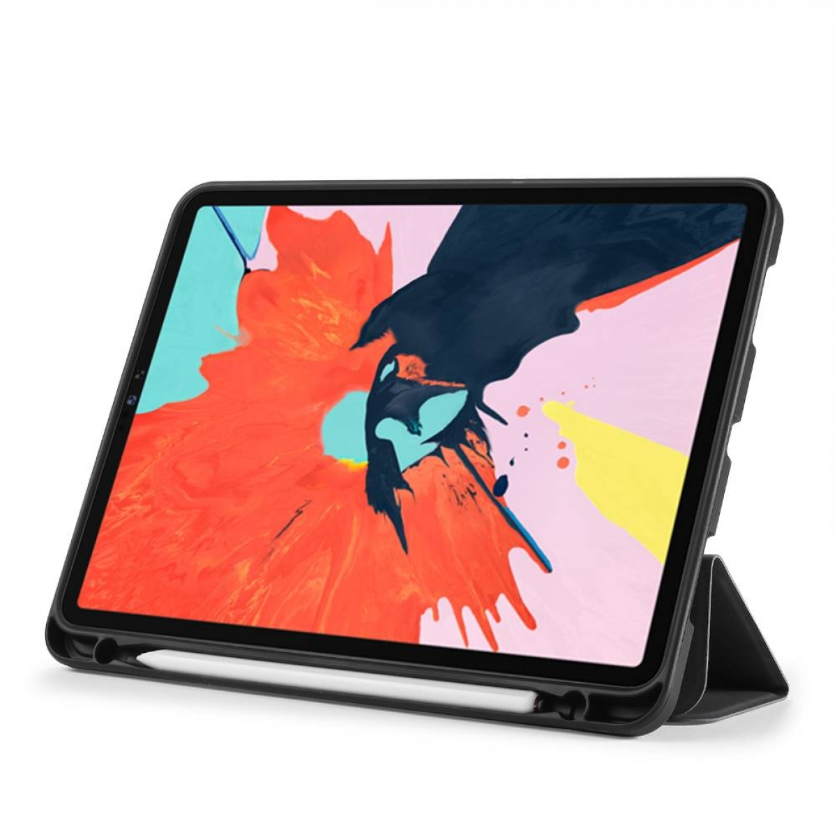 Tablet in schwarzem Case mit Ständer. Ein Stift ist in einer Halterung. Farbiger Hintergrund sichtbar.