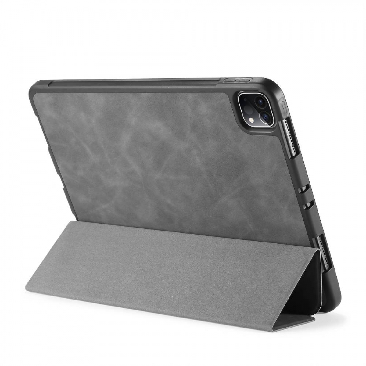 Graues Tablet in einem schwarz-grauen Gehäuse, mit einem grauen Cover aufgestellt.