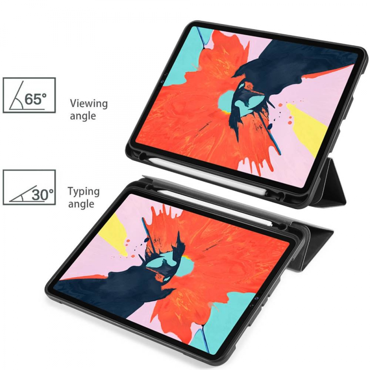 Zwei Tablets in schwarzen Hüllen, eines angewinkelt, das andere flach.