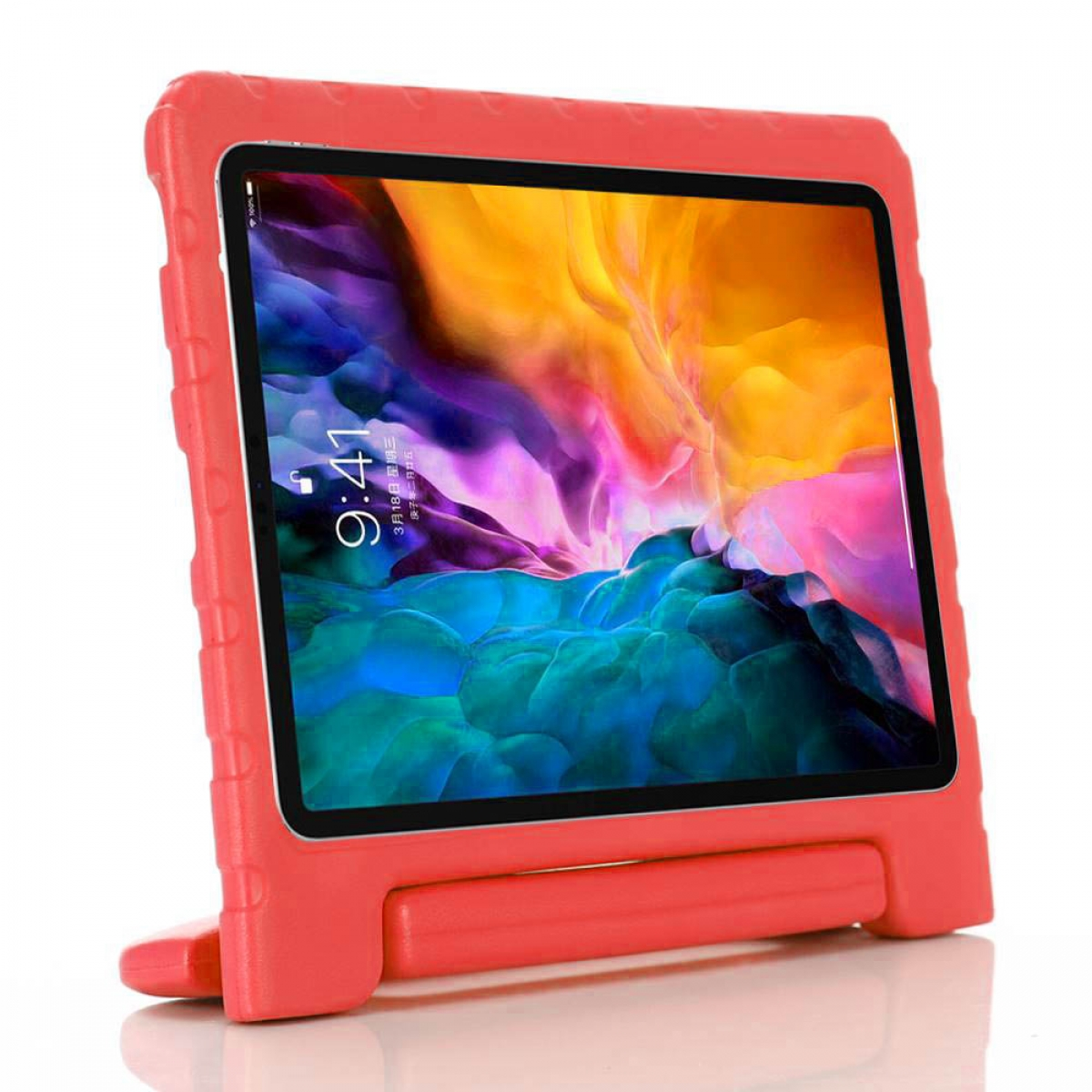 Ein rotes Tablet in roter Hülle mit Ständer. Der Bildschirm ist an.