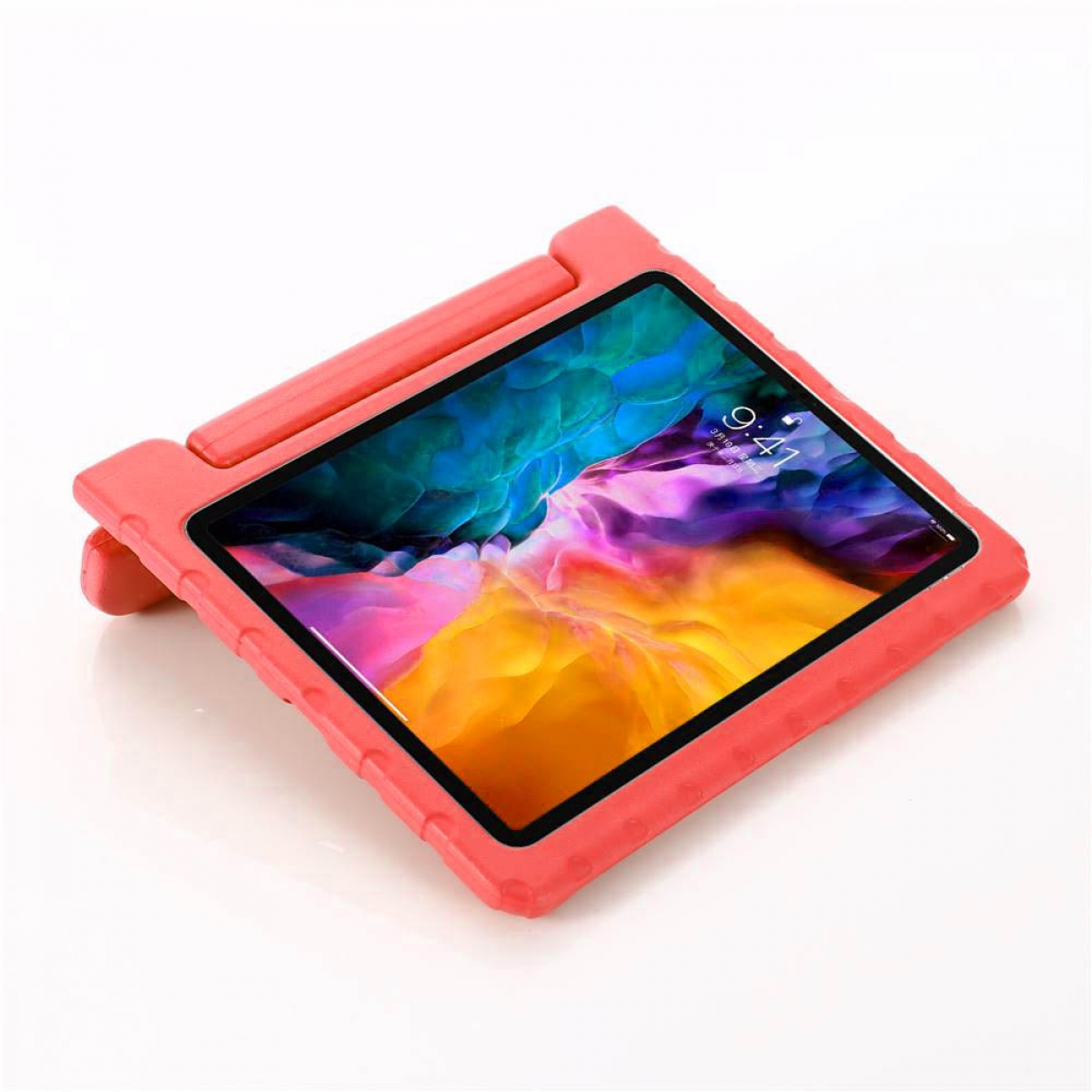 Korallenfarbenes Tablet in einem Korallenfarbenen Gehäuse. Der Bildschirm zeigt bunten Hintergrund.