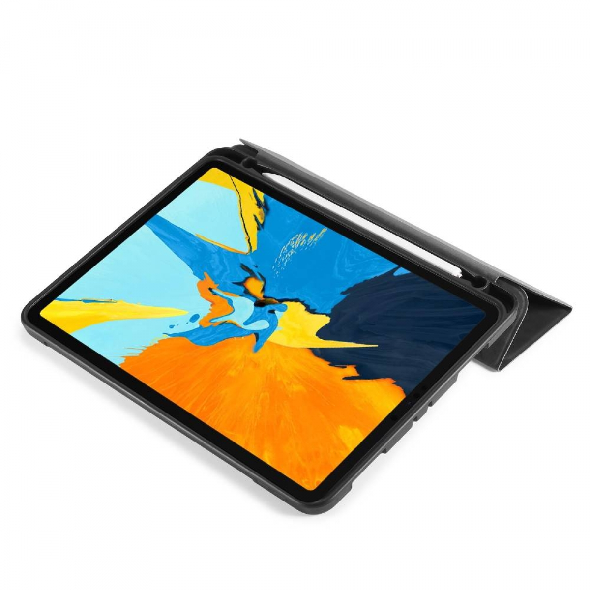 Tablet in schwarzem Gehäuse, Eingabestift und abstrakter, farbenfroher Hintergrund.