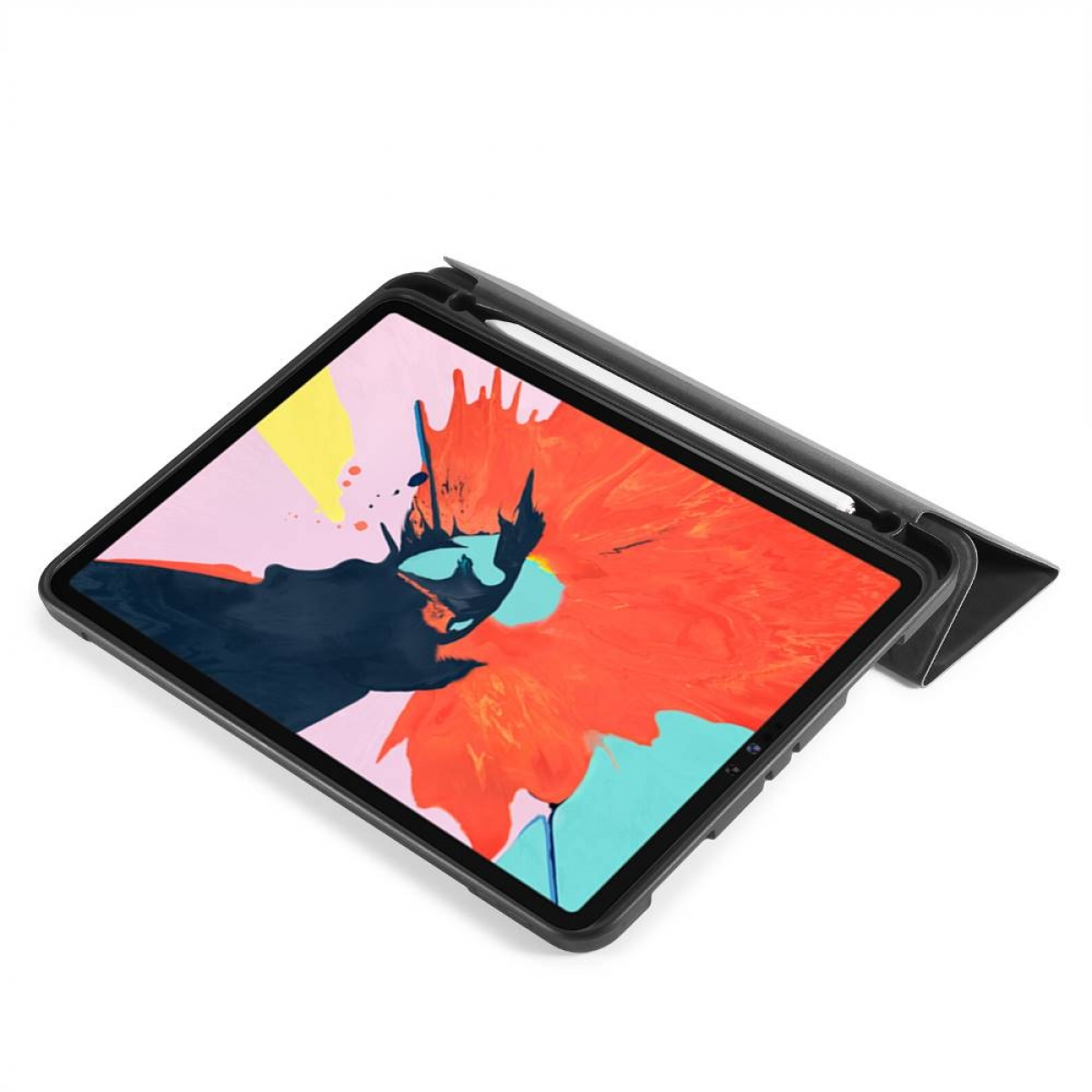 Tablet in schwarzem Gehäuse, mit farbenfrohem, abstraktem Gemälde auf dem Bildschirm.