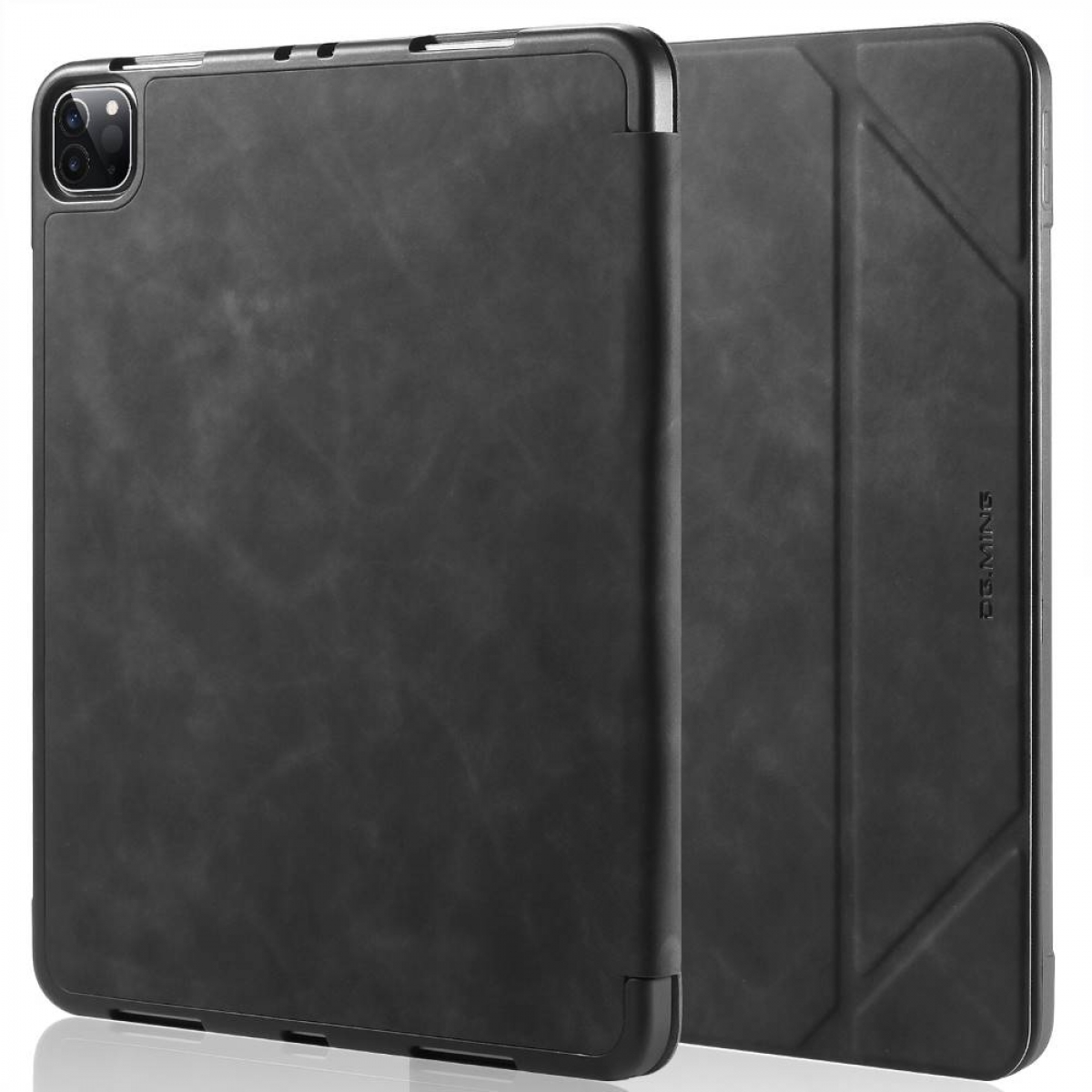 Ein iPad in einem schwarzen Gehäuse mit geschlossenem Deckel, platziert auf einer weißen Oberfläche.