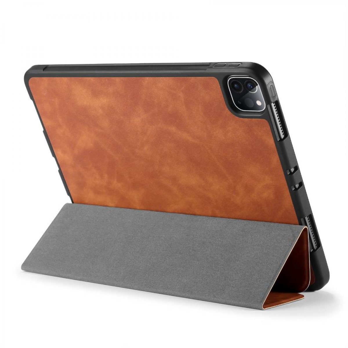 Braune Leder-Tablethülle auf grauem Ständer. Schwarzer Rand. Kamera und Knöpfe sichtbar.
