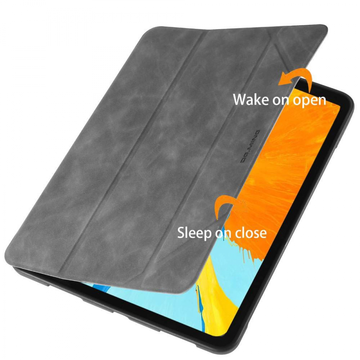 Eine graue Tablethülle ist geöffnet und zeigt einen Tablet-Bildschirm mit orange und blauen Farben.