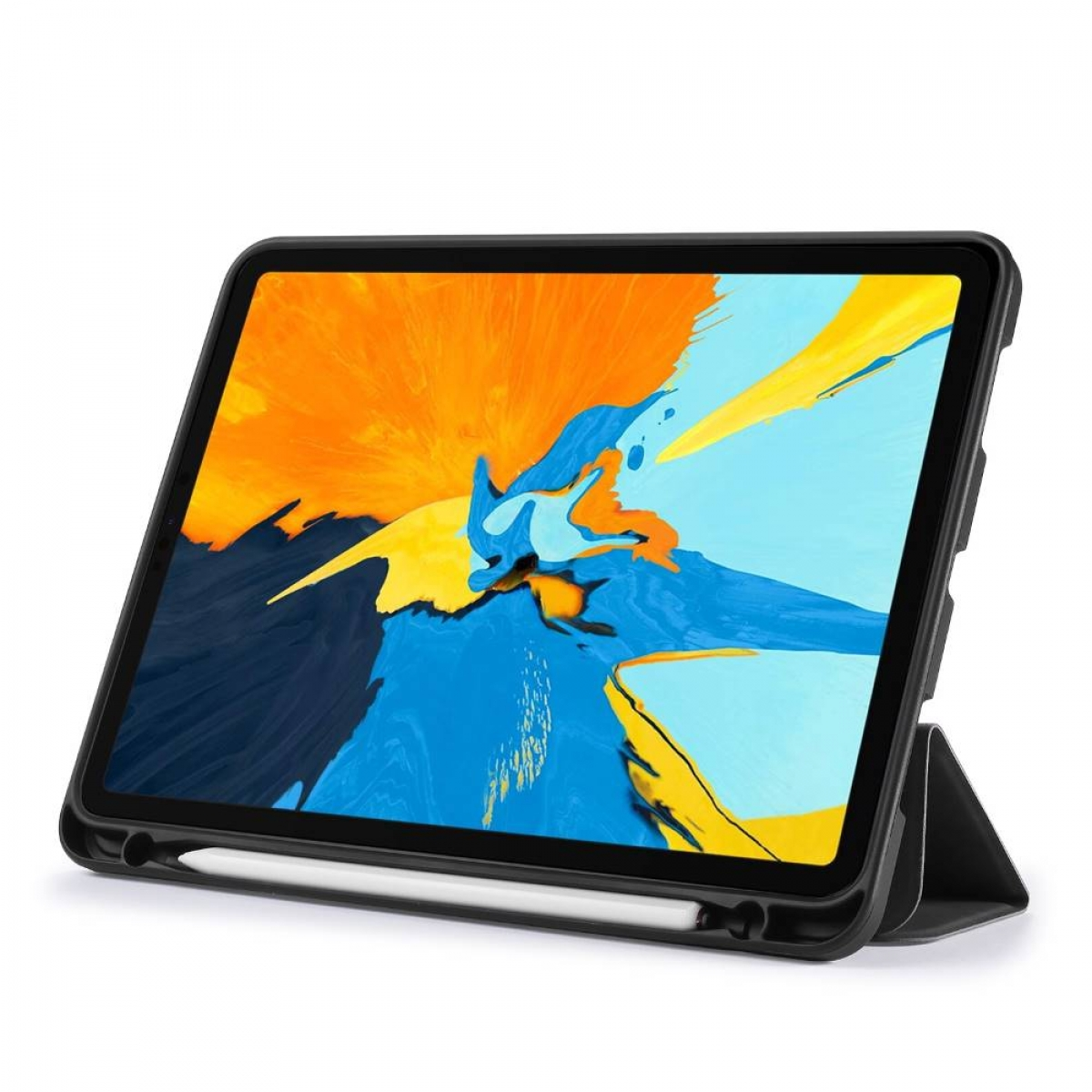 Ein schwarzes Tablet mit schwarzem Gehäuse und weißem Stift auf einem Tisch mit farbenfrohem Hintergrund.