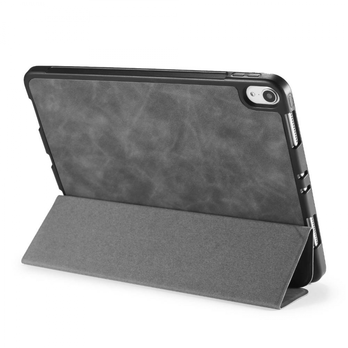 Graue Tablet-Hülle mit Ständer. Schwarzer Rahmen. Weißer Hintergrund.