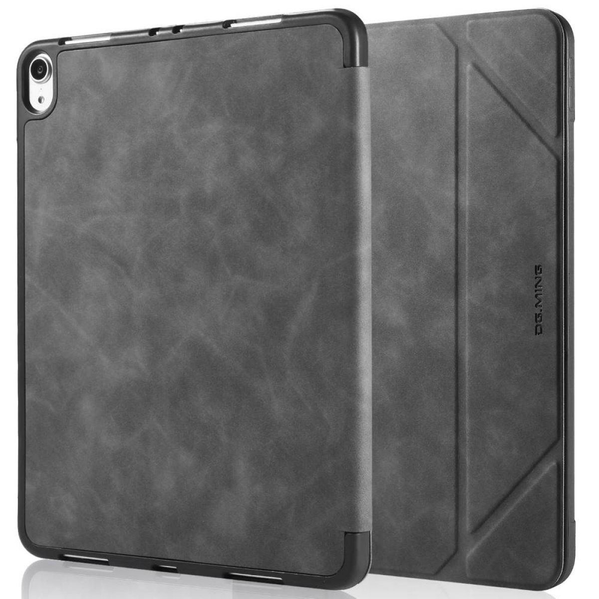 Eine graue Tablet-Hülle, die ein Tablet und seine Rückseite mit einer Kamera zeigt.