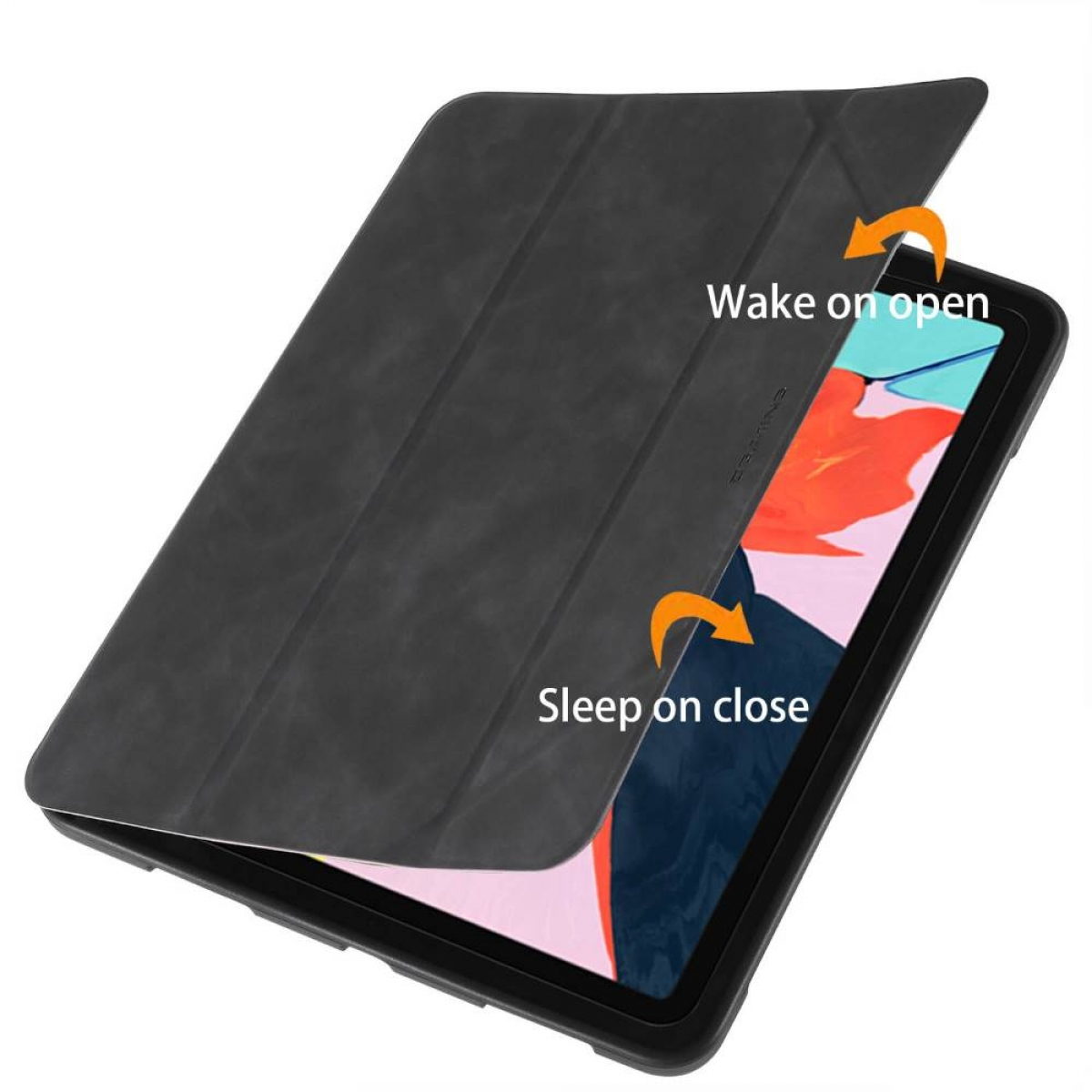 Tablet in einer schwarzen Hülle, teilweise geöffnet. Pfeile zeigen 'Wake on open' und 'Sleep on close'.