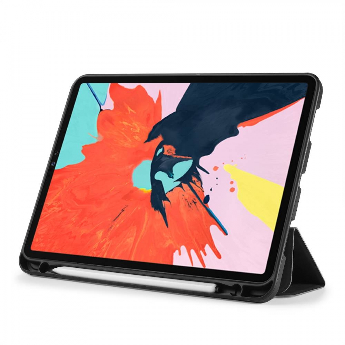 Schwarzes Tablet in Hülle, zeigt bunte abstrakte Kunst auf weißem Hintergrund.