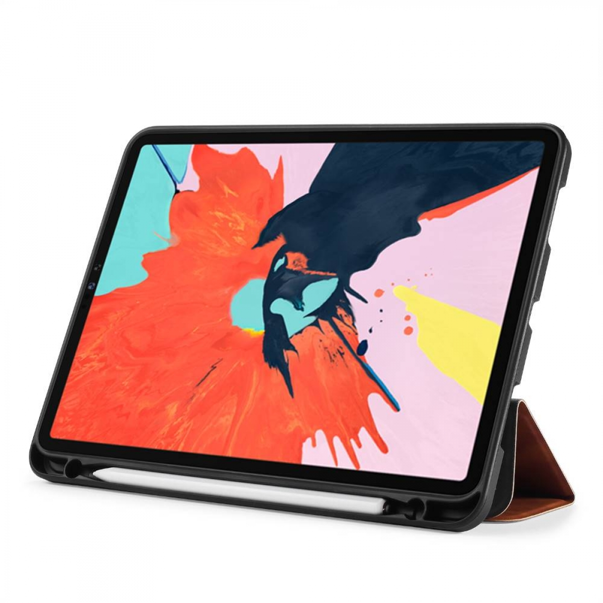 Tablet in schwarzem Gehäuse mit Stift. Bildschirm zeigt abstraktes Gemälde.