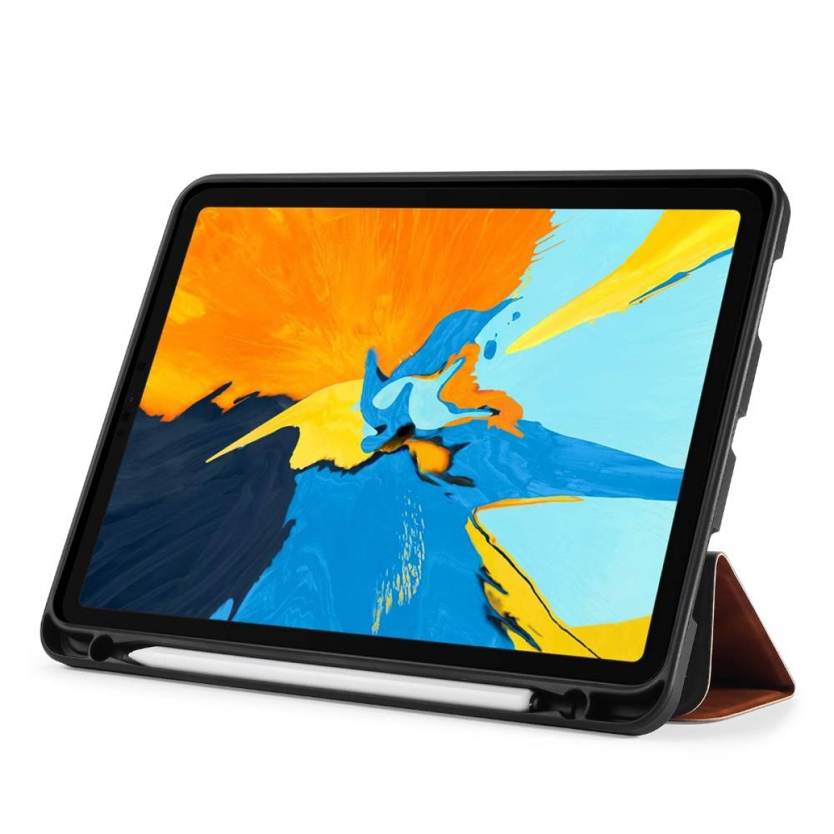 Schwarzes Tablet in einem schwarzen Gehäuse, mit brauner Hülle. Ein weißer Stift ist angebracht.