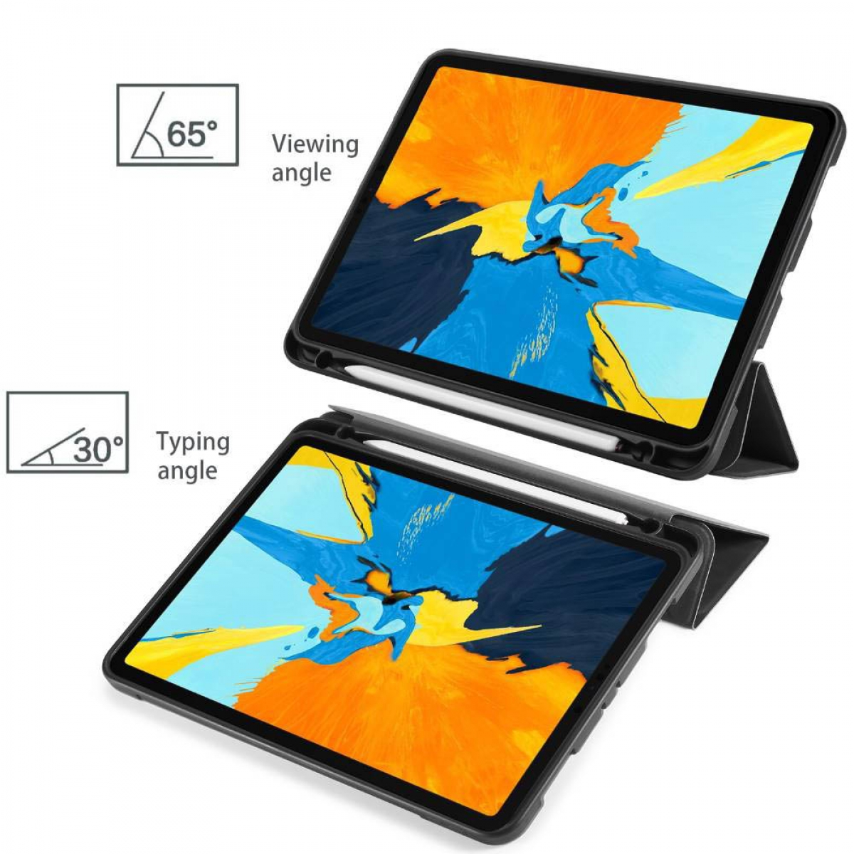 Zwei Tablets werden in verschiedenen Positionen mit beschrifteten Winkeln dargestellt.