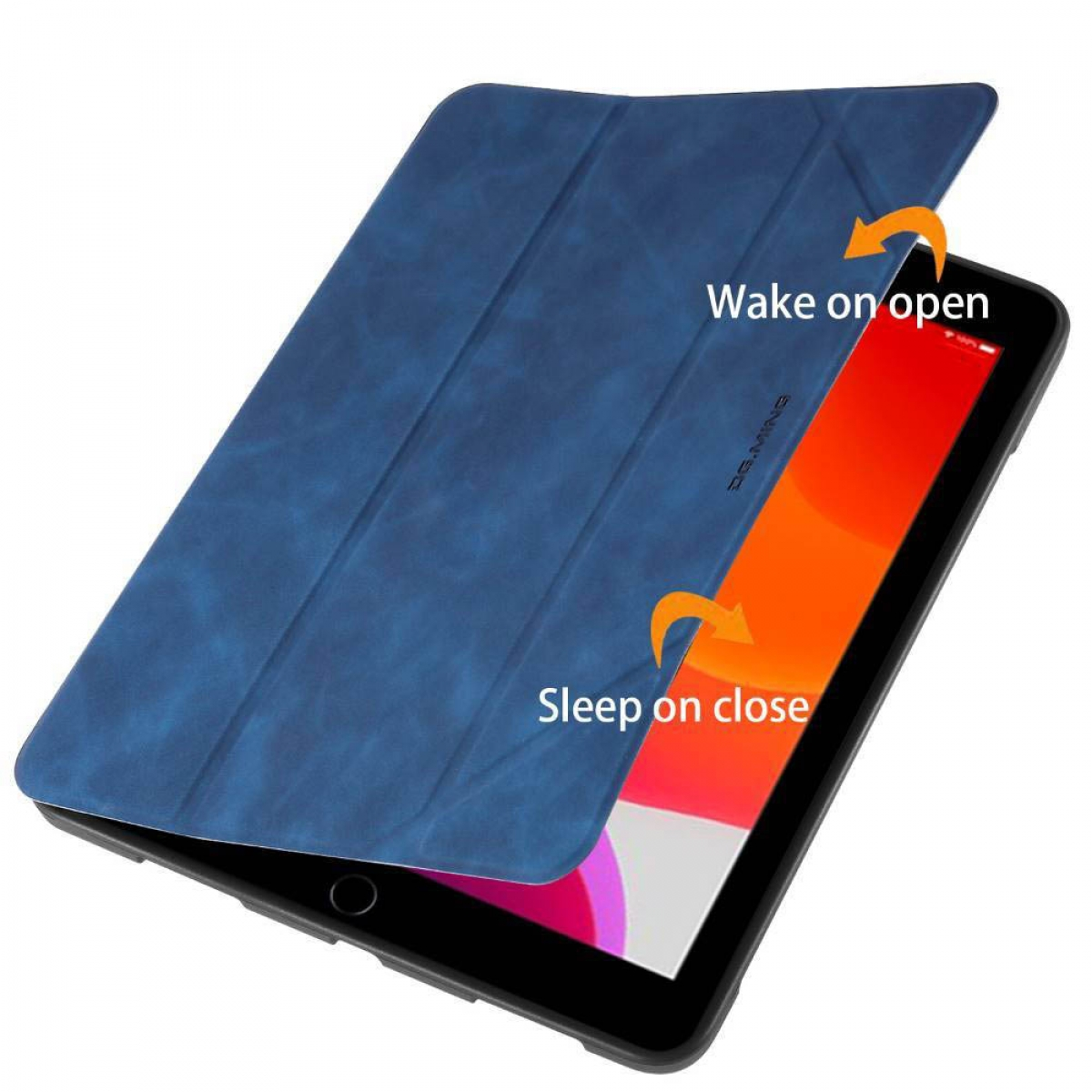 Blaue Tablet-Hülle offen. Text sagt 'Wake on open' und 'Sleep on close'.